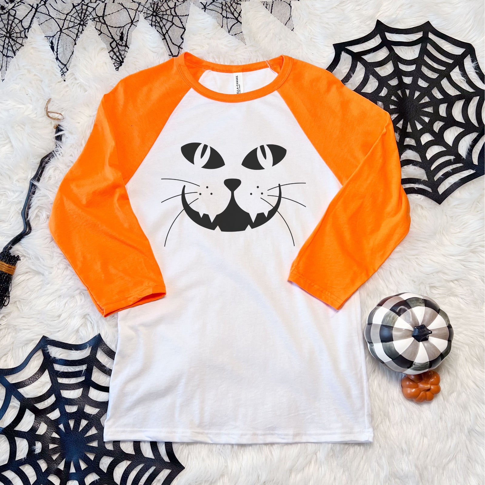 'CLEARANCE - Halloween Dog and Cat Pumpkin Faces' design on a 3/4 long sleeve