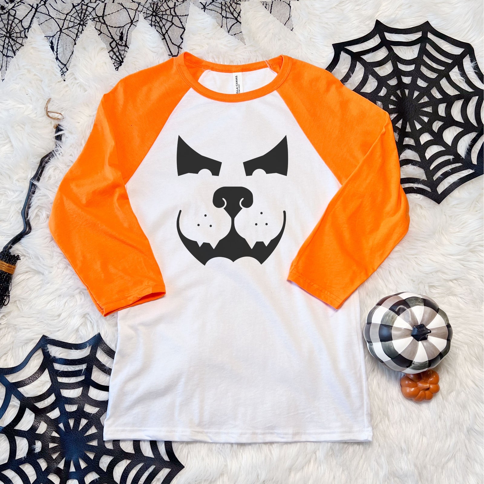 'CLEARANCE - Halloween Dog and Cat Pumpkin Faces' design on a 3/4 long sleeve