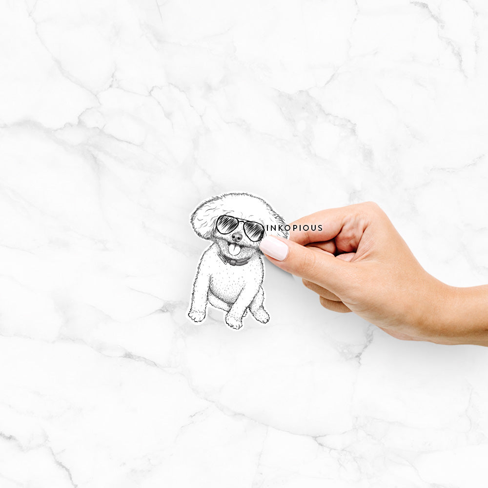 Hand-drawn sketch of Peyton the Bichon Frise wearing aviator sunglasses on a Peyton Bichon decal sticker