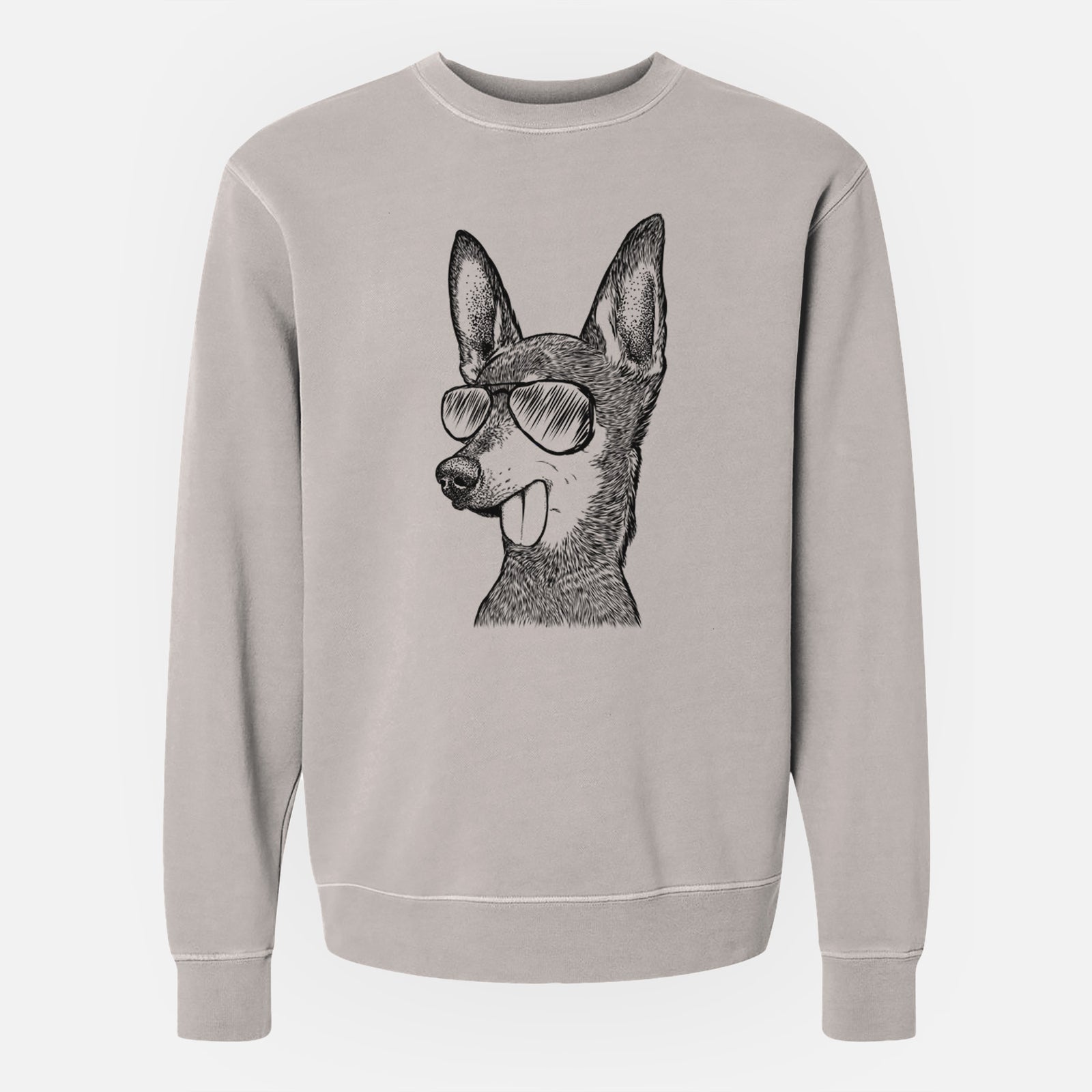 Hand-drawn sketch of Aaron the Chihuahua wearing aviator sunglasses on a Cement Unisex pigment dyed crew sweatshirt