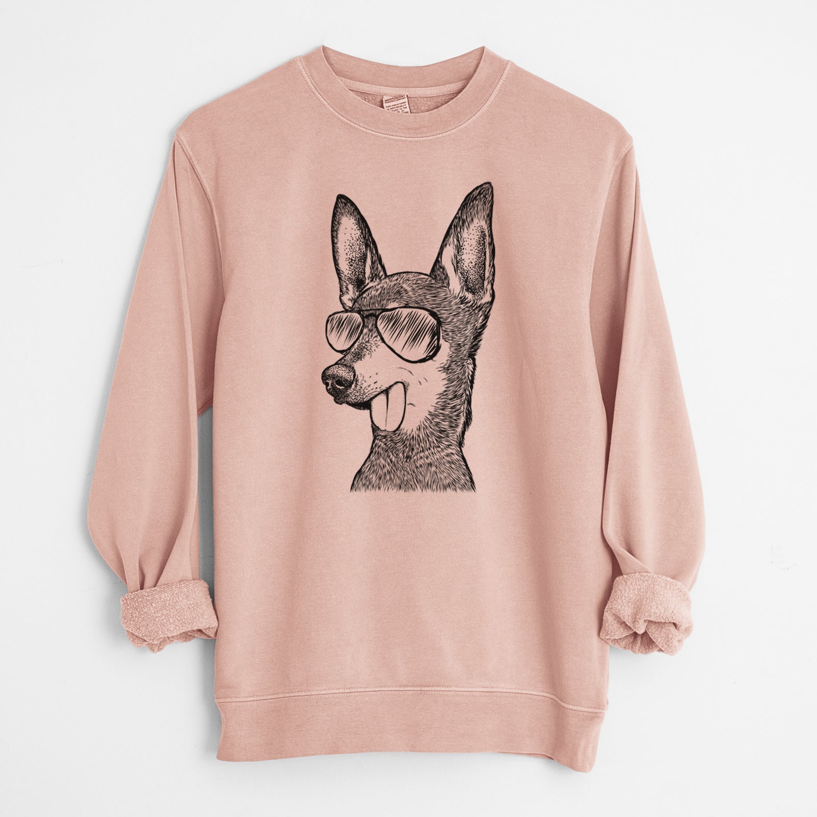 Hand-drawn sketch of Aaron the Chihuahua wearing aviator sunglasses on a Dusty Pink Unisex pigment dyed crew sweatshirt