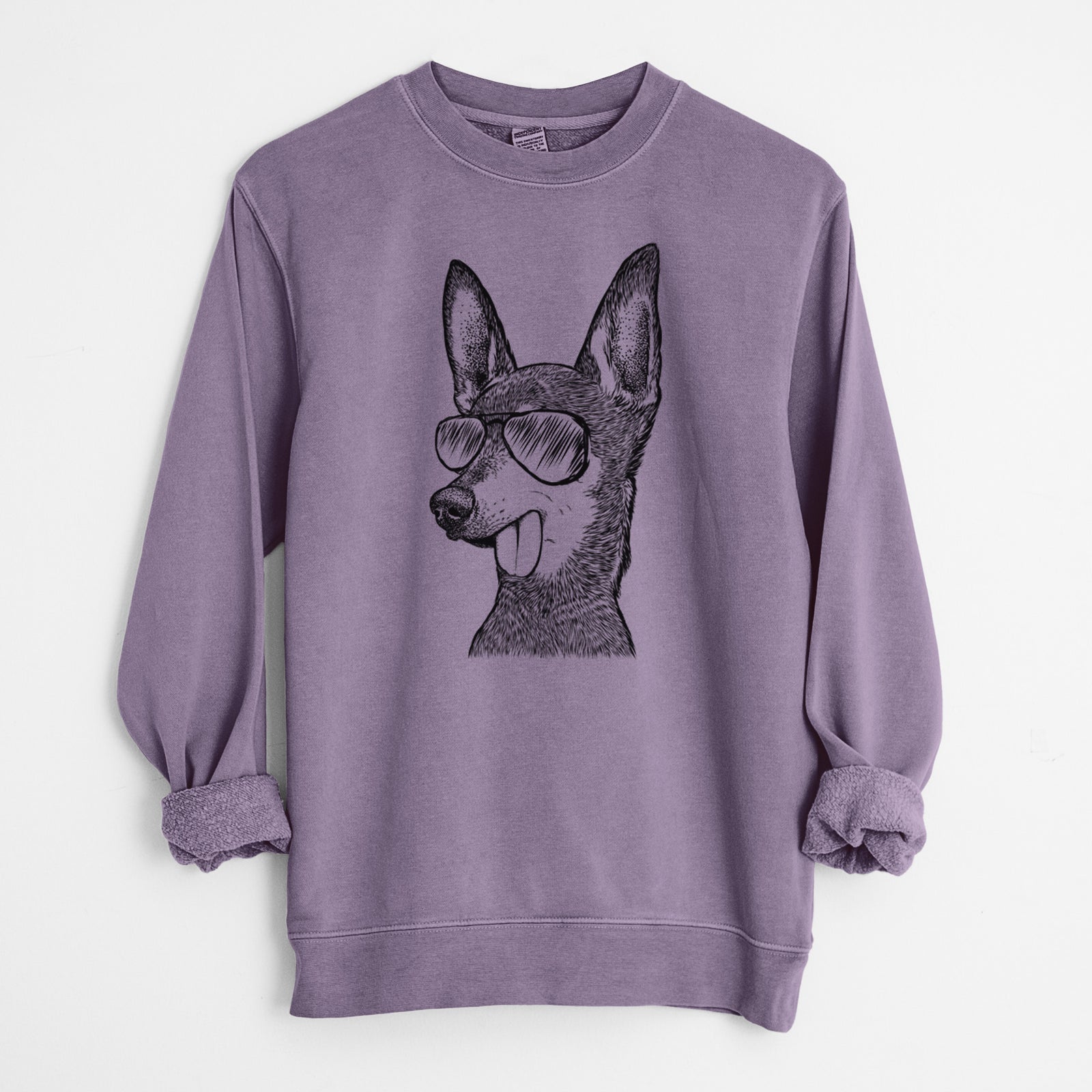 Hand-drawn sketch of Aaron the Chihuahua wearing aviator sunglasses on a Plum Unisex pigment dyed crew sweatshirt