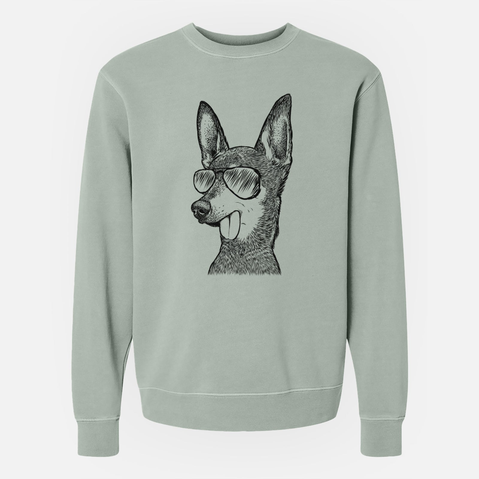 Hand-drawn sketch of Aaron the Chihuahua wearing aviator sunglasses on a Sage Unisex pigment dyed crew sweatshirt