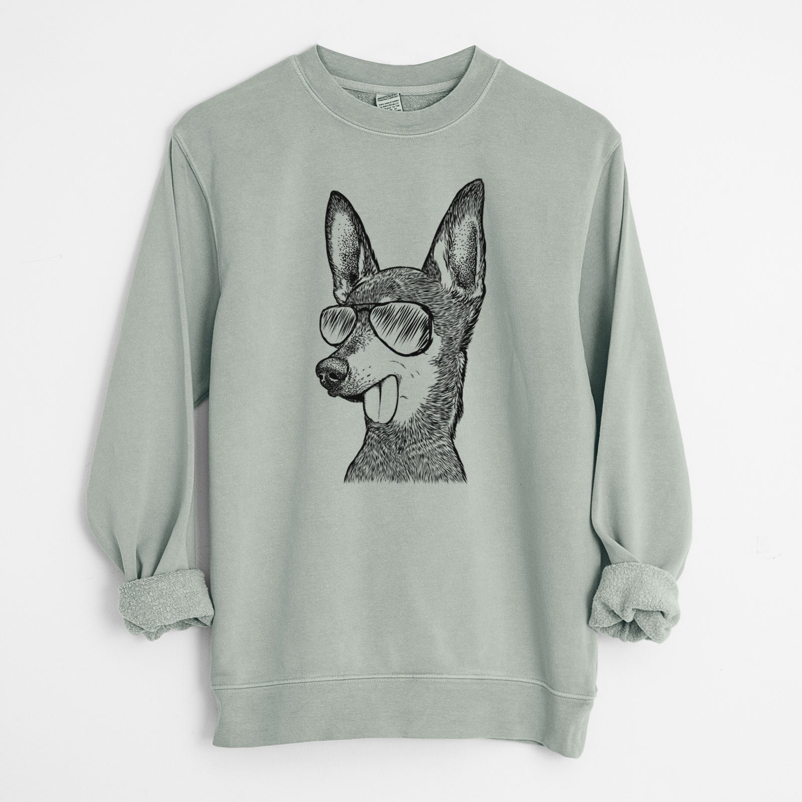 Hand-drawn sketch of Aaron the Chihuahua wearing aviator sunglasses on a Sage Unisex pigment dyed crew sweatshirt