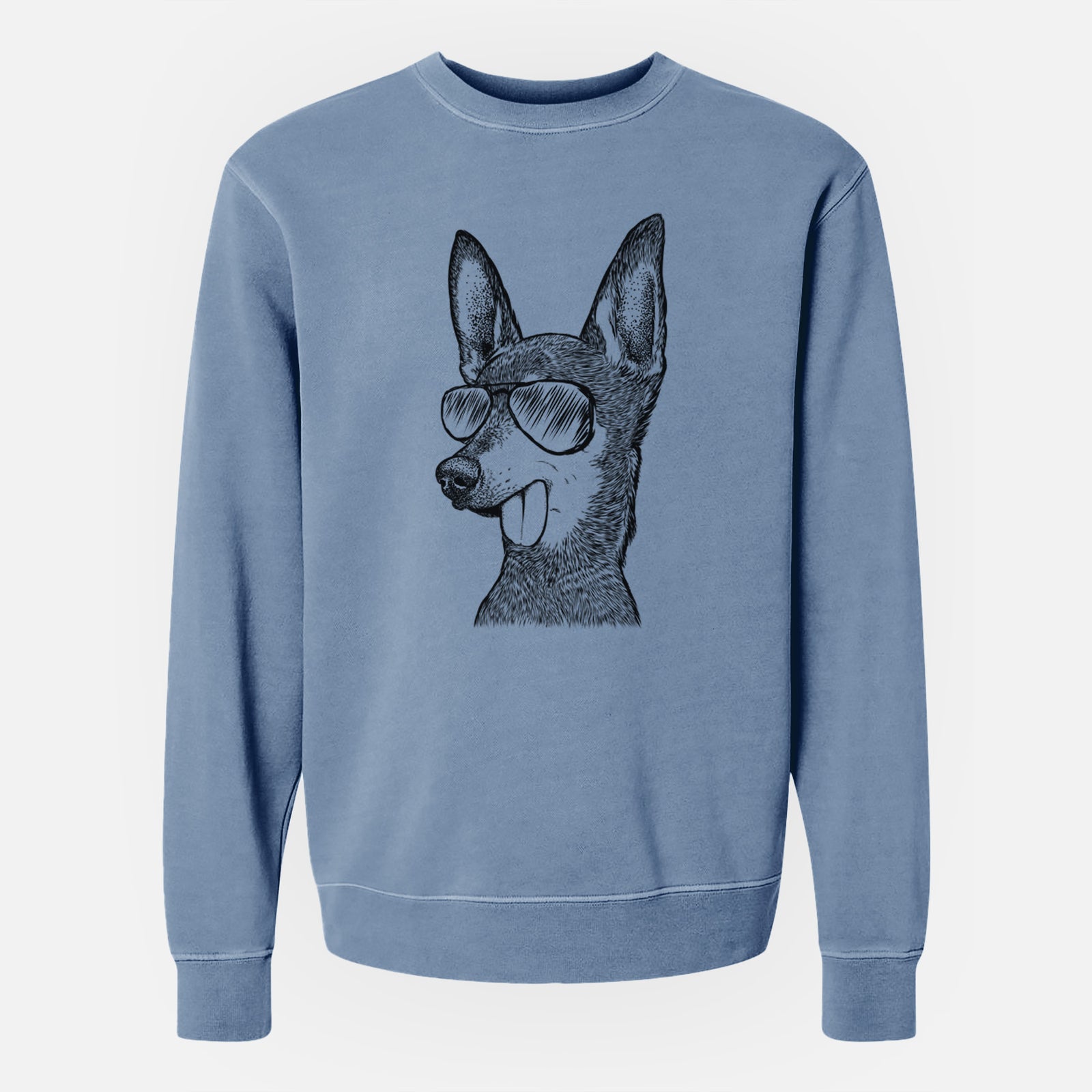 Hand-drawn sketch of Aaron the Chihuahua wearing aviator sunglasses on a Slate Blue Unisex pigment dyed crew sweatshirt