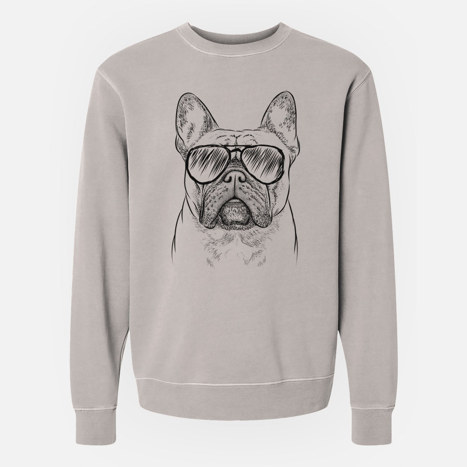 Hand-drawn sketch of Acelynn the French Bulldog wearing aviator sunglasses on a Cement Unisex pigment dyed crew sweatshirt