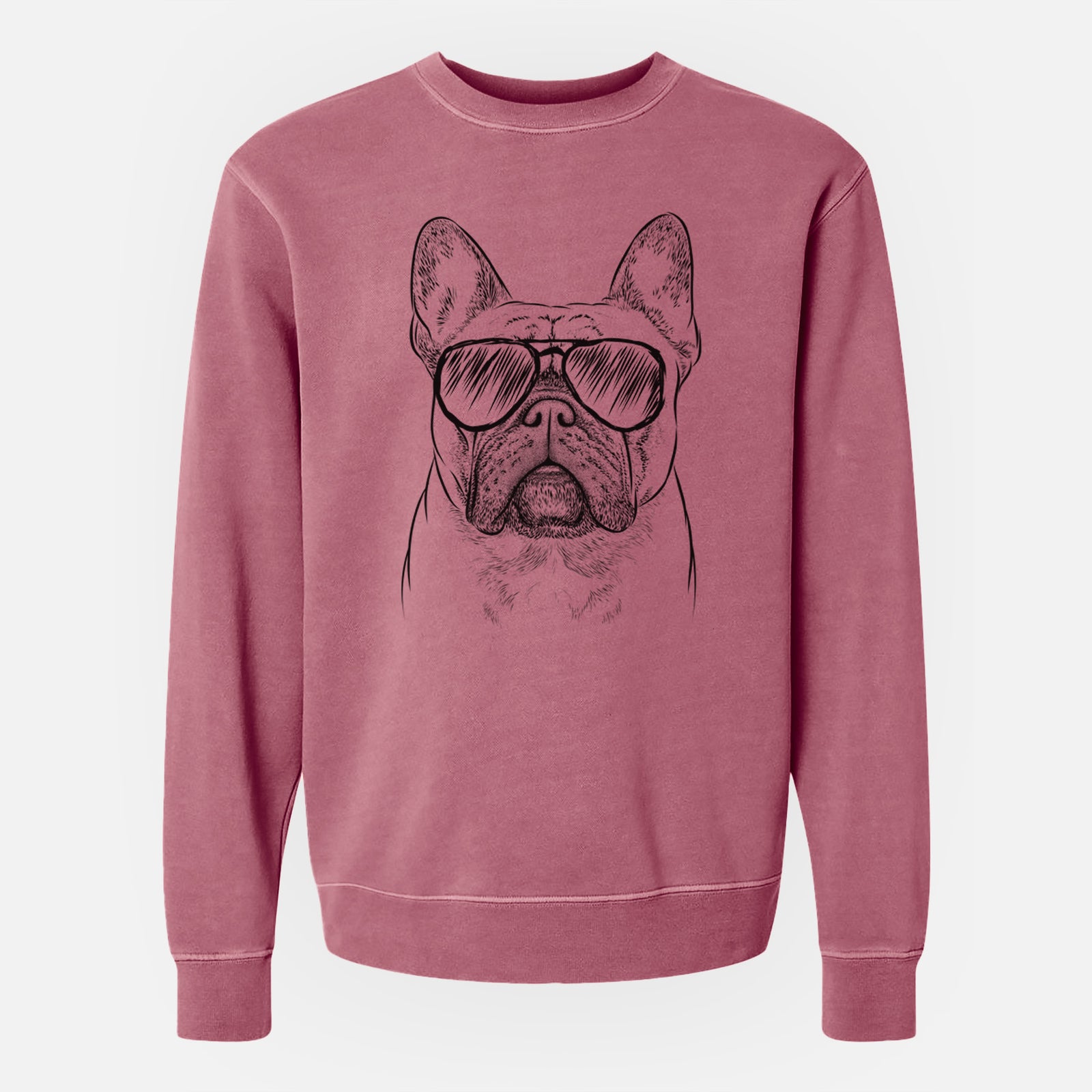 Hand-drawn sketch of Acelynn the French Bulldog wearing aviator sunglasses on a Maroon Unisex pigment dyed crew sweatshirt