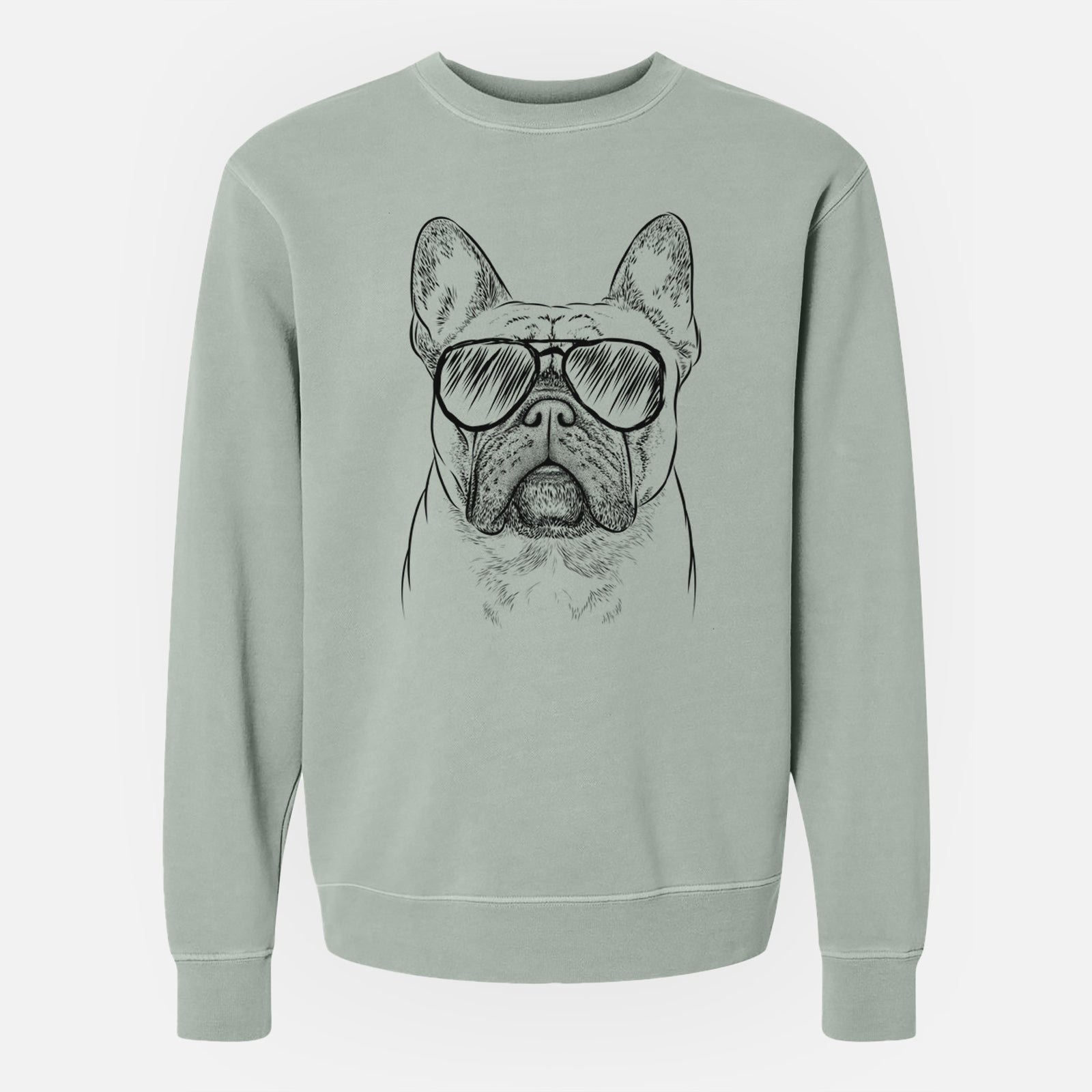 Hand-drawn sketch of Acelynn the French Bulldog wearing aviator sunglasses on a Sage Unisex pigment dyed crew sweatshirt
