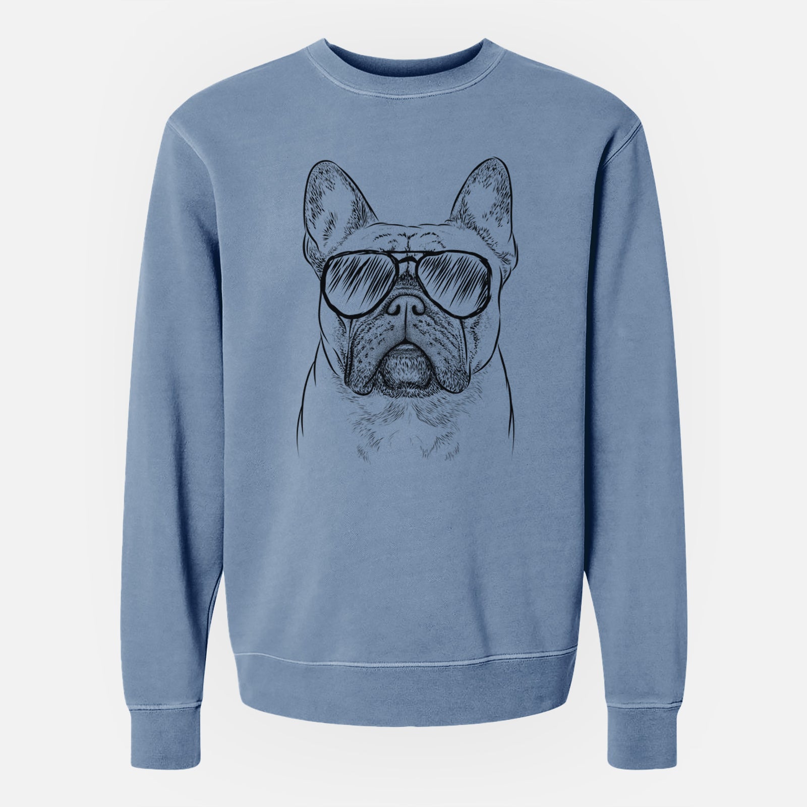 Hand-drawn sketch of Acelynn the French Bulldog wearing aviator sunglasses on a Slate Blue Unisex pigment dyed crew sweatshirt