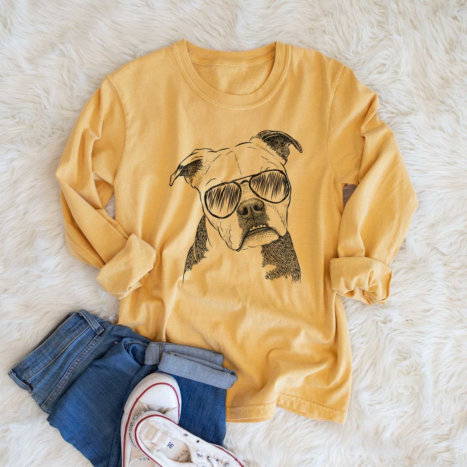 Aviator Aggy the Olde English Bulldogge - Men's Heavyweight 100% Cotton Long Sleeve