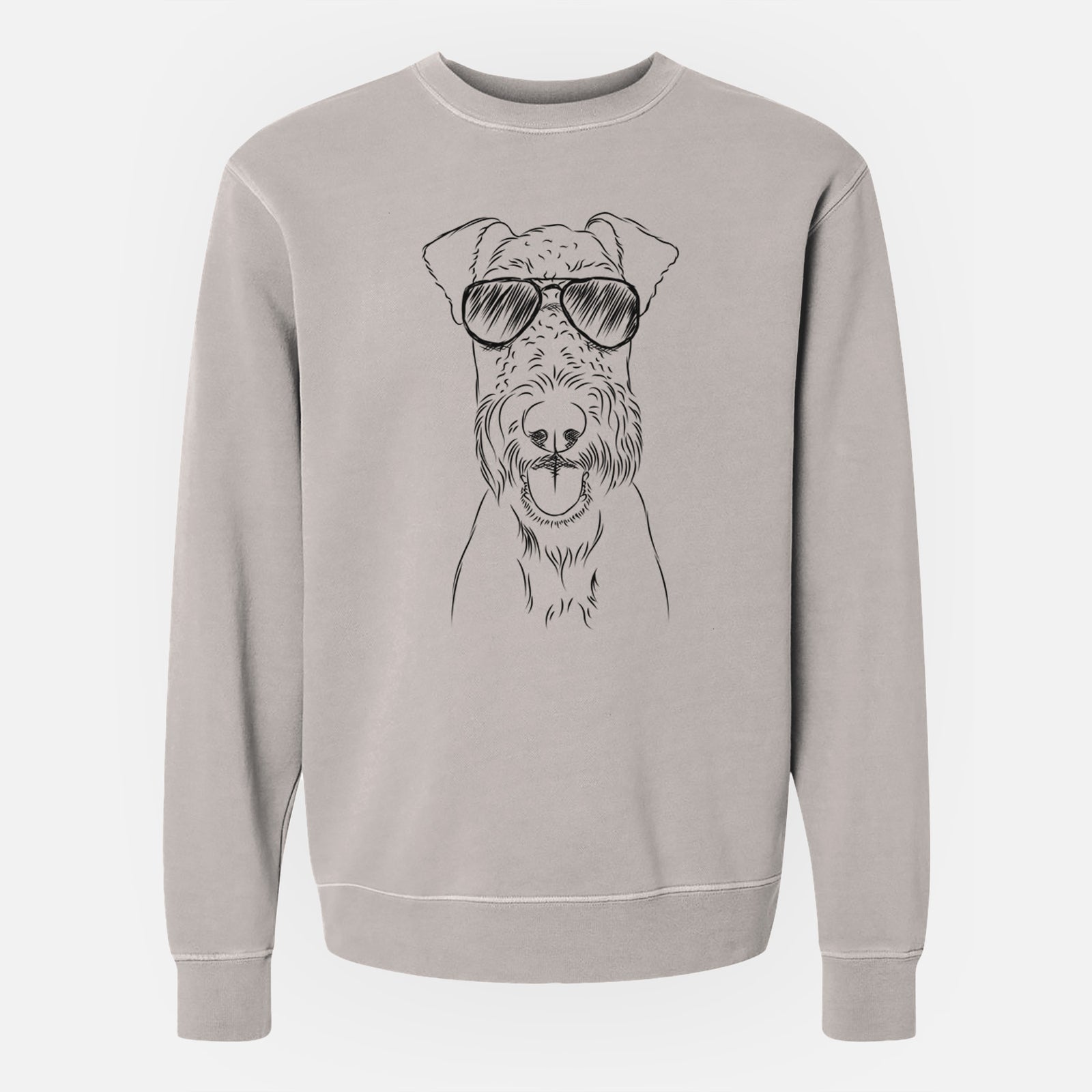 Hand-drawn sketch of Andy the Airedale Terrier wearing aviator sunglasses on a Cement Unisex pigment dyed crew sweatshirt
