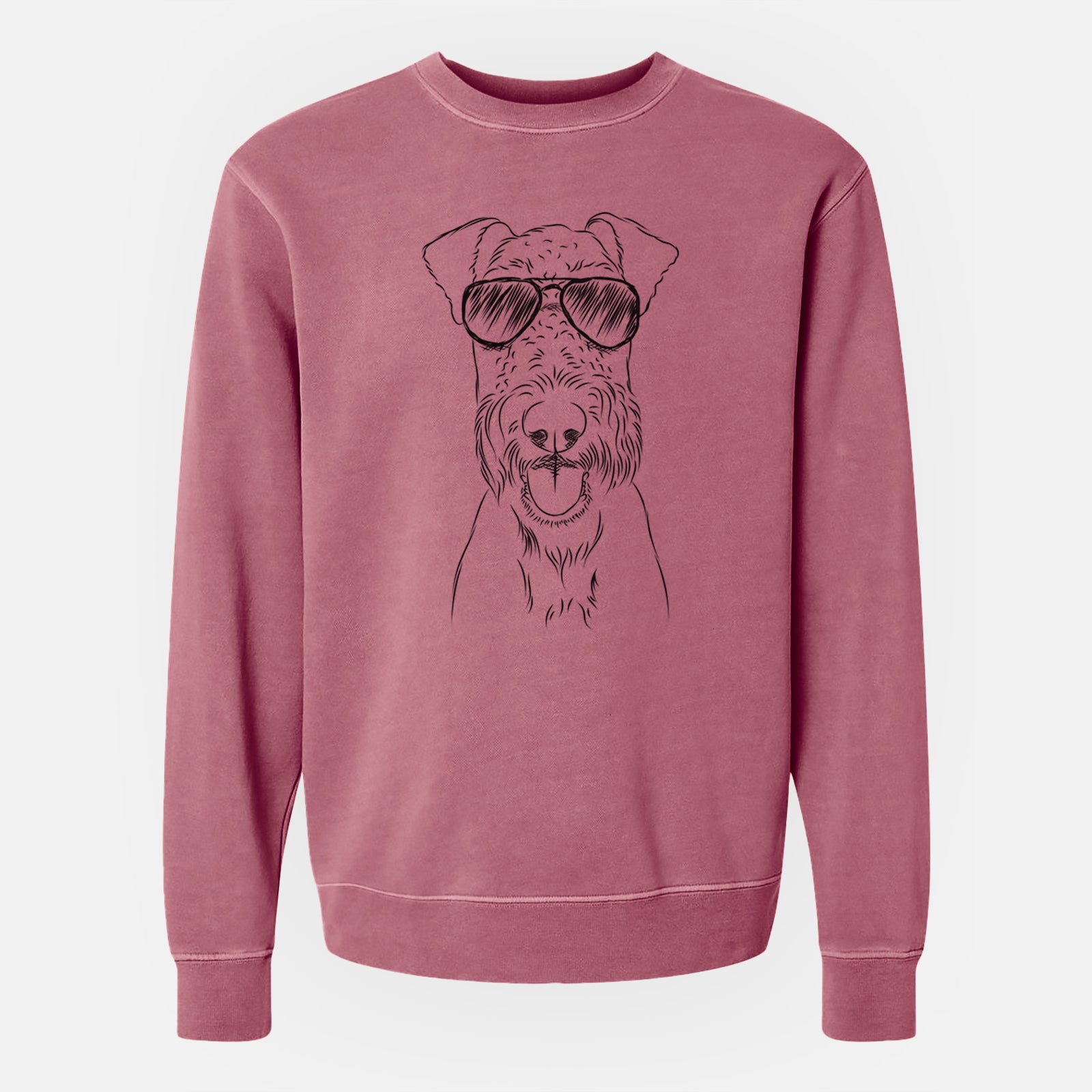 Hand-drawn sketch of Andy the Airedale Terrier wearing aviator sunglasses on a Maroon Unisex pigment dyed crew sweatshirt