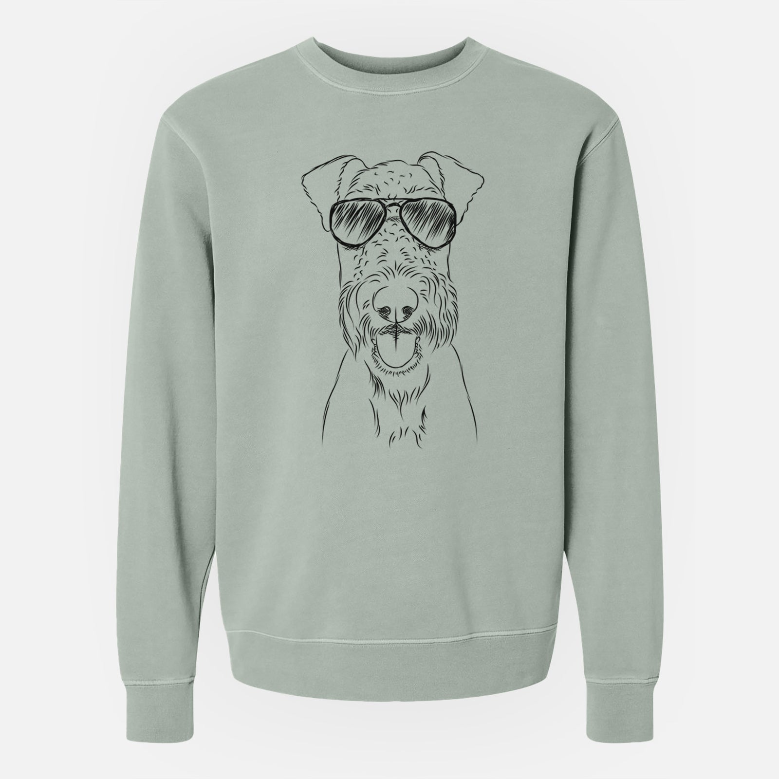 Hand-drawn sketch of Andy the Airedale Terrier wearing aviator sunglasses on a Sage Unisex pigment dyed crew sweatshirt
