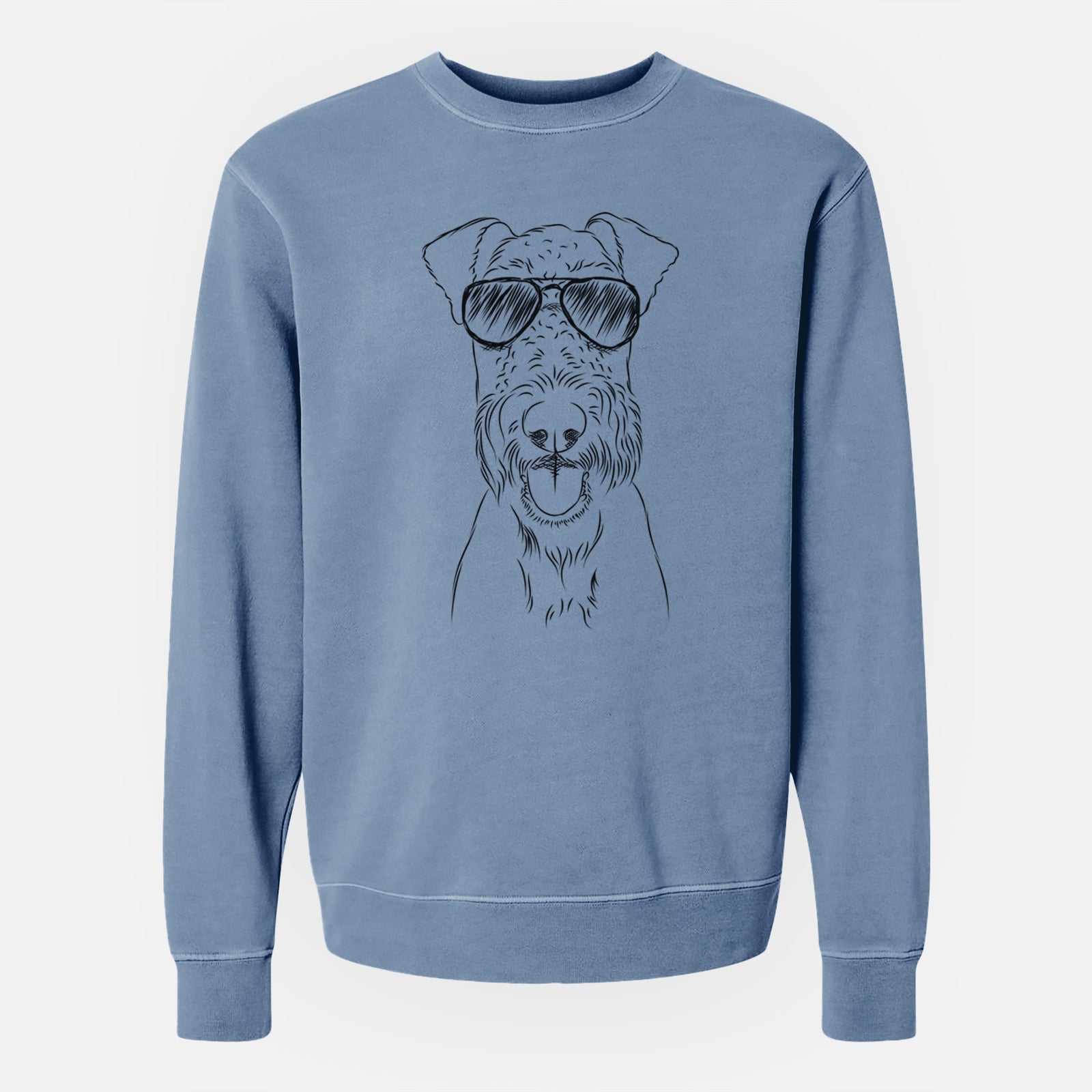 Hand-drawn sketch of Andy the Airedale Terrier wearing aviator sunglasses on a Slate Blue Unisex pigment dyed crew sweatshirt