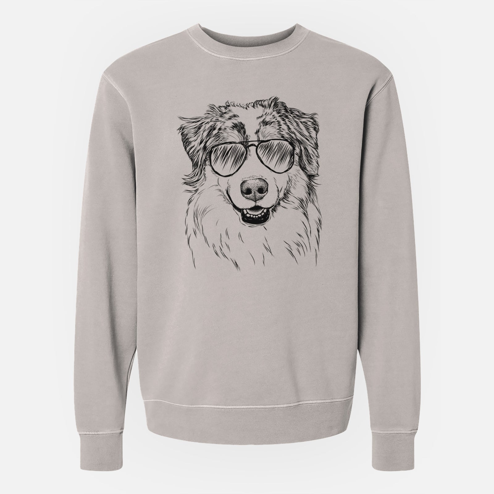 Hand-drawn sketch of Aonghus the Australian Shepherd wearing aviator sunglasses on a Cement Unisex pigment dyed crew sweatshirt