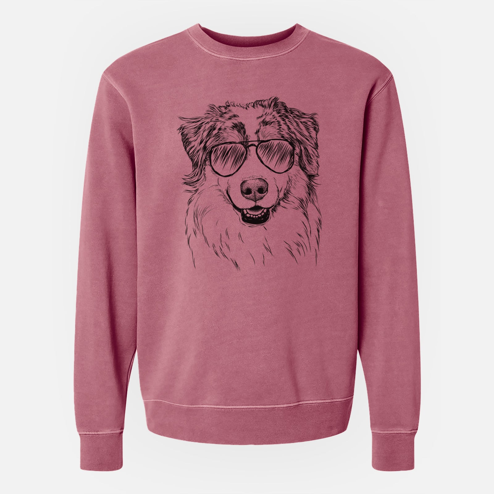 Hand-drawn sketch of Aonghus the Australian Shepherd wearing aviator sunglasses on a Maroon Unisex pigment dyed crew sweatshirt