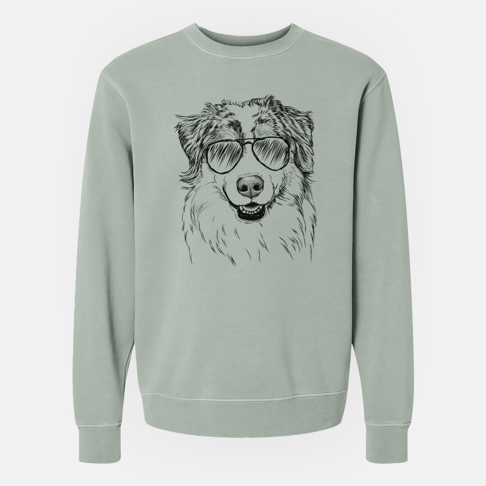 Hand-drawn sketch of Aonghus the Australian Shepherd wearing aviator sunglasses on a Sage Unisex pigment dyed crew sweatshirt