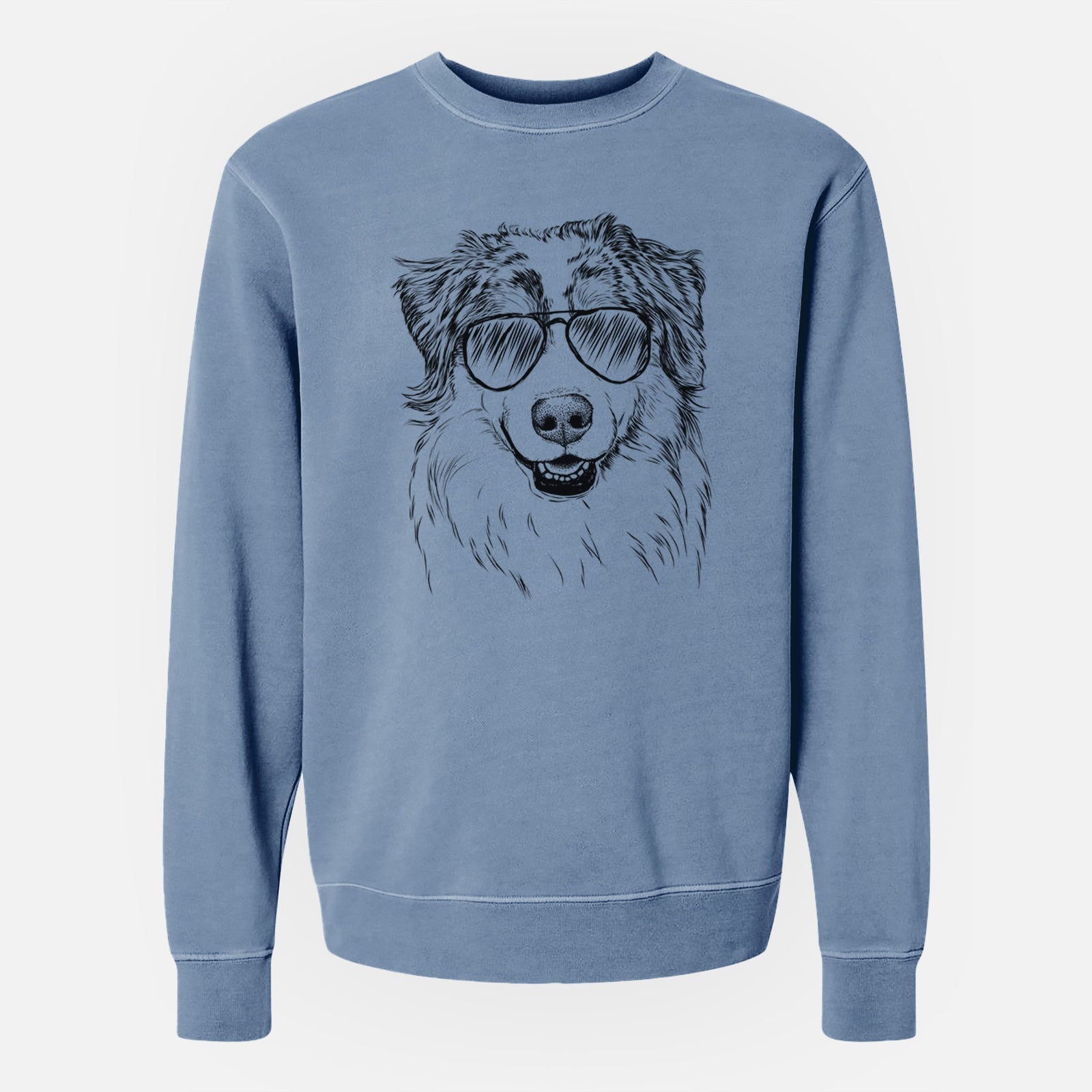 Hand-drawn sketch of Aonghus the Australian Shepherd wearing aviator sunglasses on a Slate Blue Unisex pigment dyed crew sweatshirt