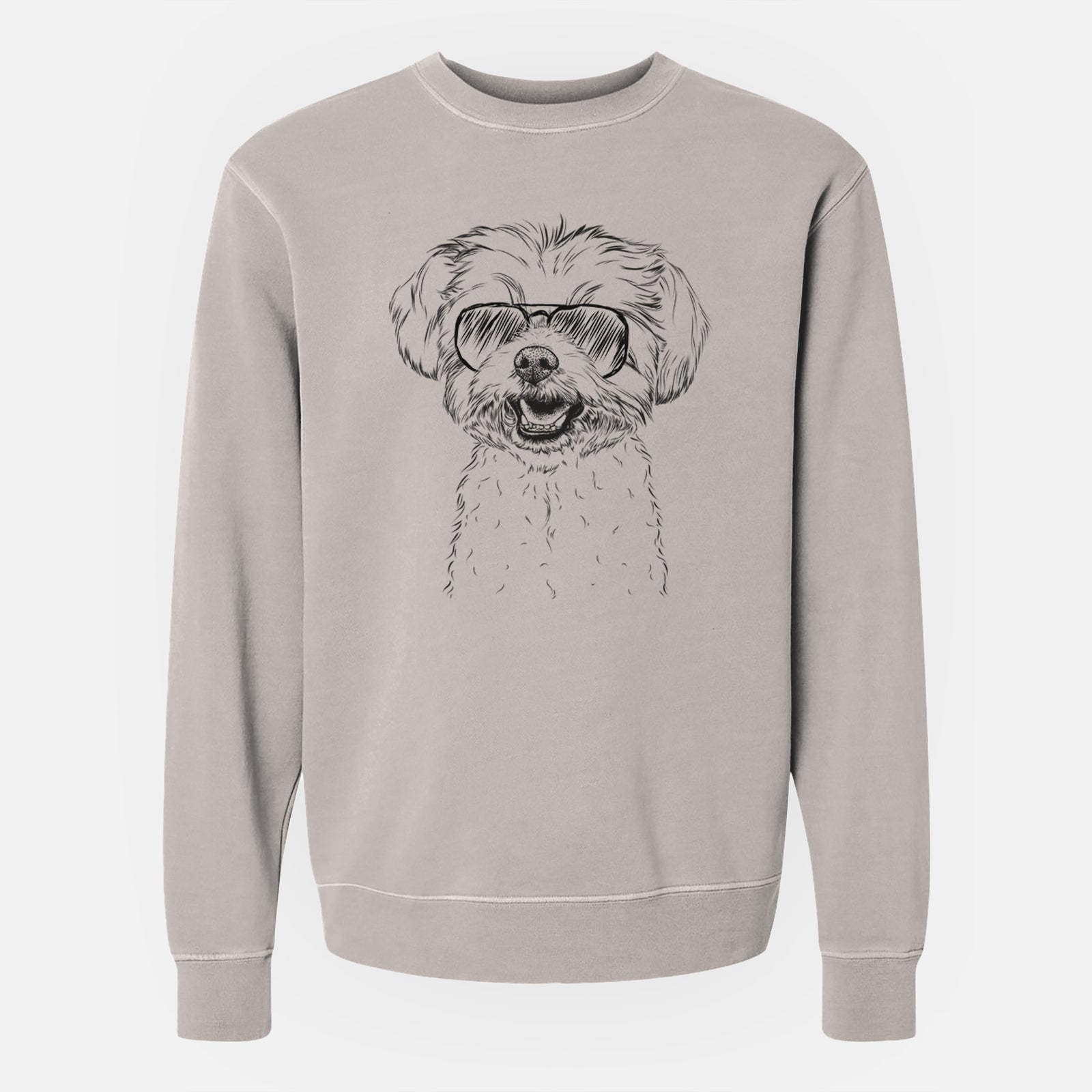 Hand-drawn sketch of Aspen the Morkie wearing aviator sunglasses on a Cement Unisex pigment dyed crew sweatshirt
