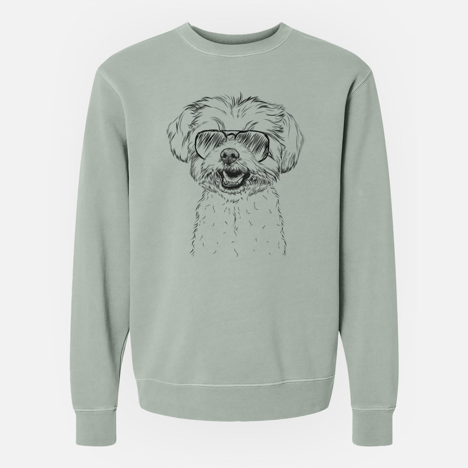 Hand-drawn sketch of Aspen the Morkie wearing aviator sunglasses on a Sage Unisex pigment dyed crew sweatshirt
