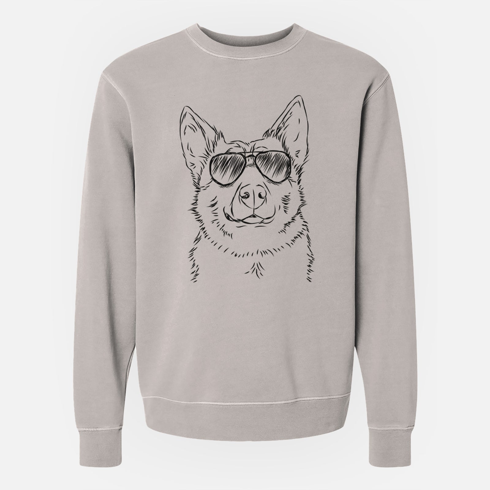 Hand-drawn sketch of Austin the Heeler wearing aviator sunglasses on a Cement Unisex pigment dyed crew sweatshirt
