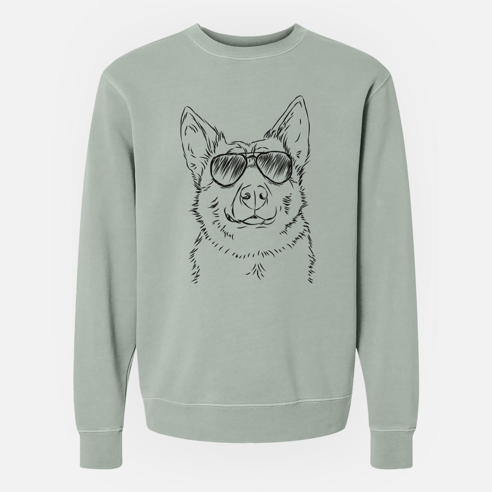 Hand-drawn sketch of Austin the Heeler wearing aviator sunglasses on a Sage Unisex pigment dyed crew sweatshirt