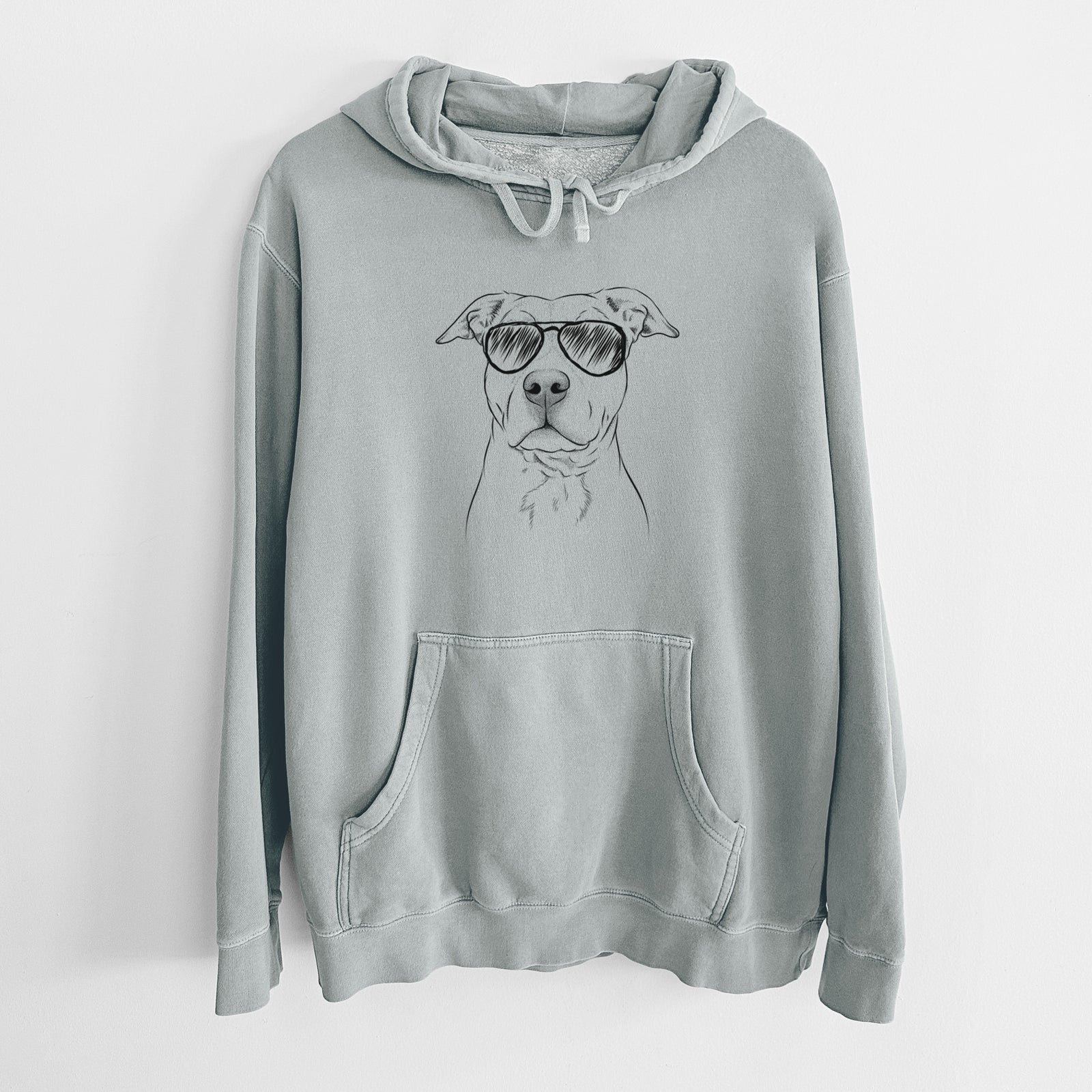 Hand-drawn sketch of Bailey the American Staffordshire Terrier wearing aviator sunglasses on a Sage Unisex pigment dyed hoodie
