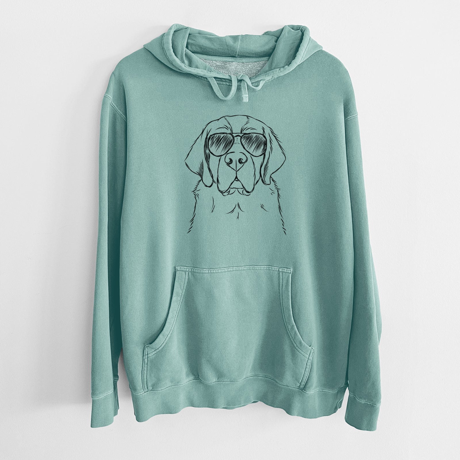 Hand-drawn sketch of Barry the Saint Bernard wearing aviator sunglasses on a Mint Unisex pigment dyed hoodie