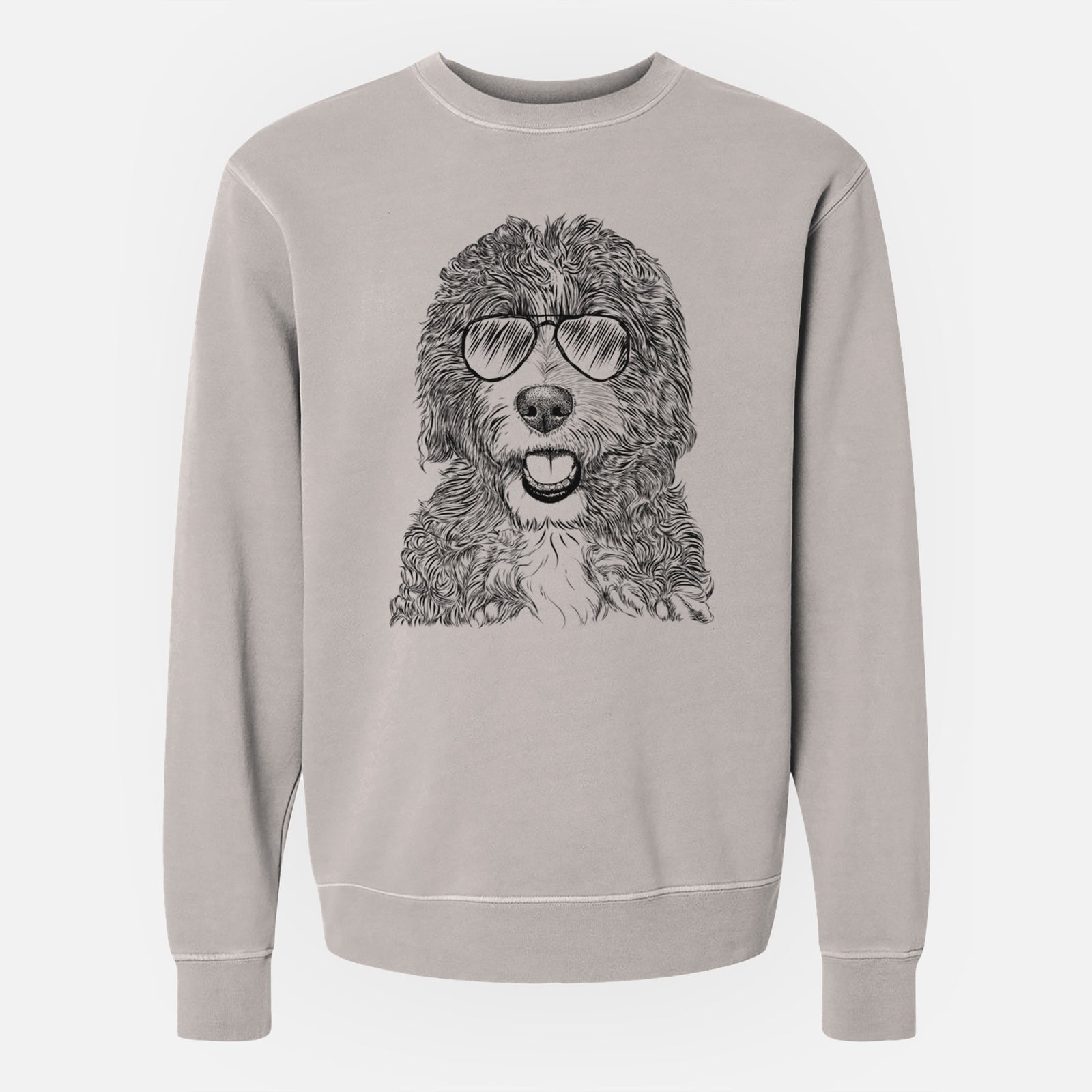 Hand-drawn sketch of Bash the Bernedoodle wearing aviator sunglasses on a Cement Unisex pigment dyed crew sweatshirt