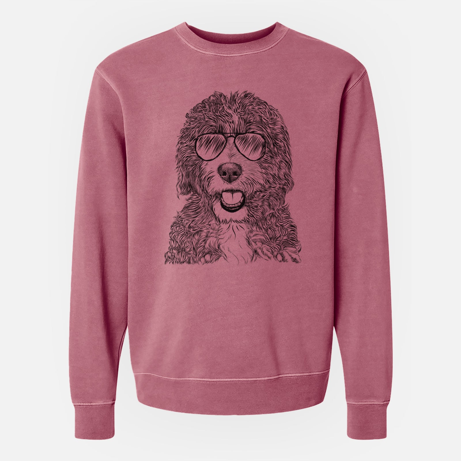 Hand-drawn sketch of Bash the Bernedoodle wearing aviator sunglasses on a Maroon Unisex pigment dyed crew sweatshirt