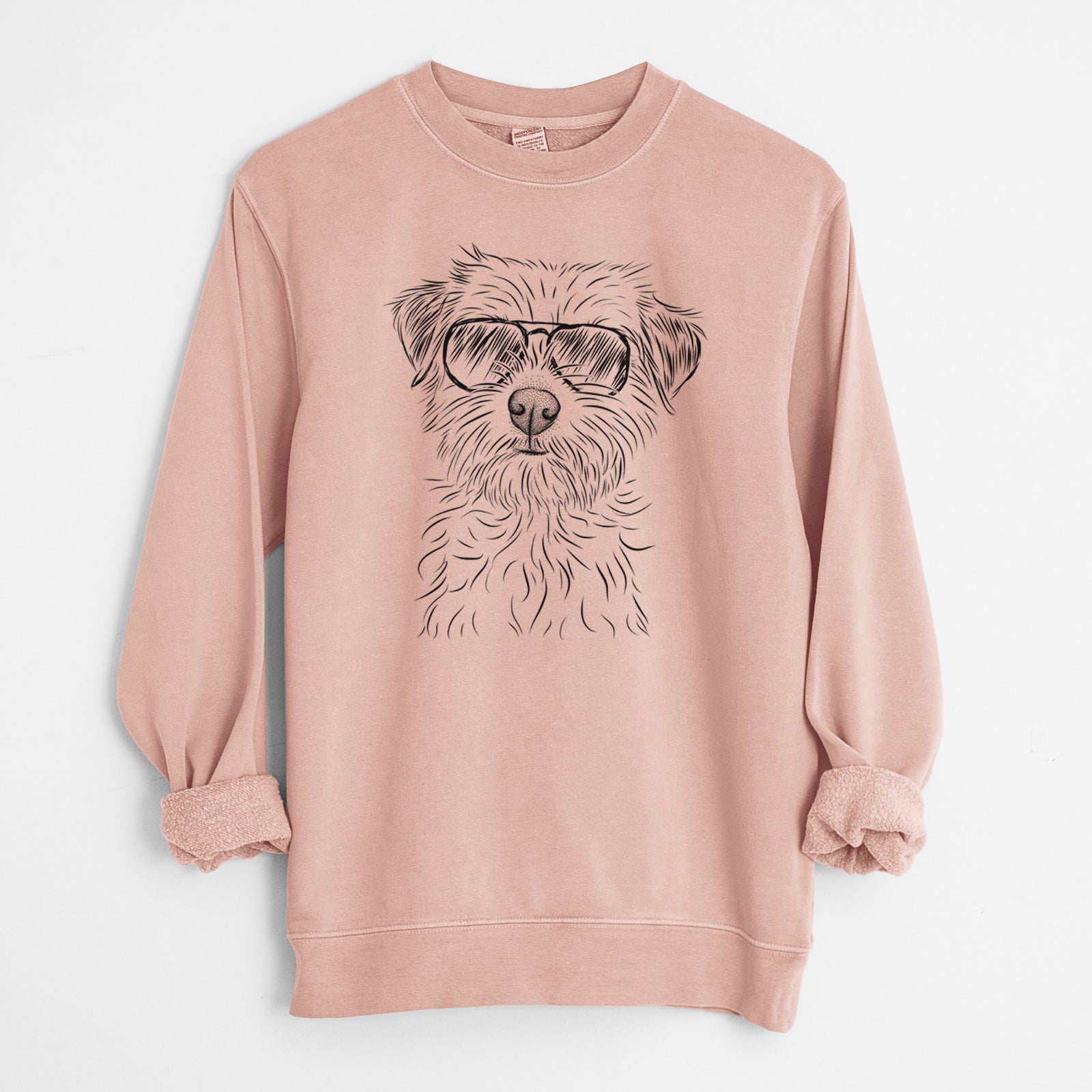 Hand-drawn sketch of Benjamin the Border Terrier wearing aviator sunglasses on a Dusty Pink Unisex pigment dyed crew sweatshirt