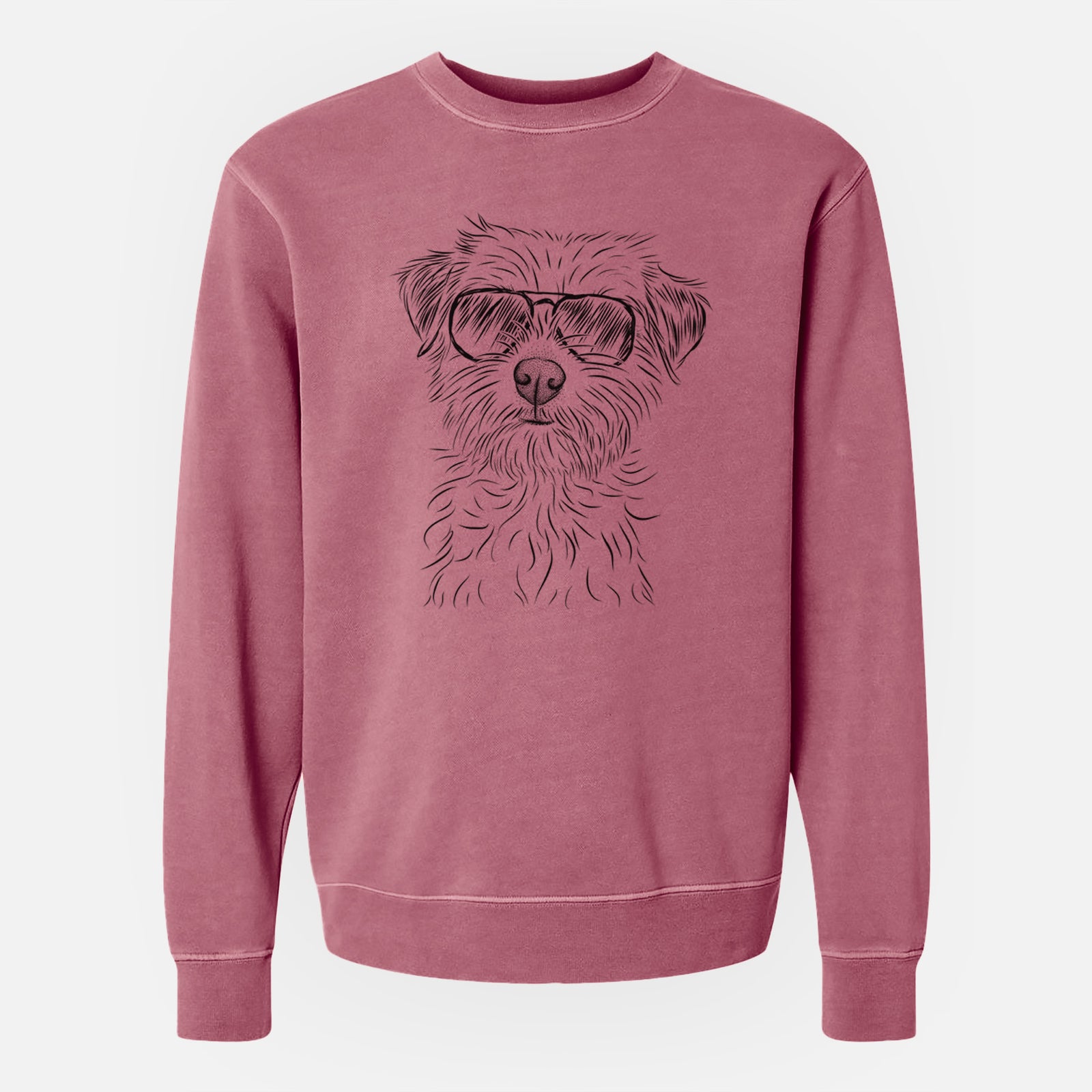 Hand-drawn sketch of Benjamin the Border Terrier wearing aviator sunglasses on a Maroon Unisex pigment dyed crew sweatshirt