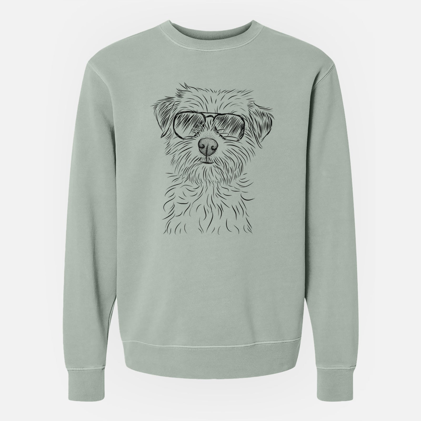 Hand-drawn sketch of Benjamin the Border Terrier wearing aviator sunglasses on a Sage Unisex pigment dyed crew sweatshirt