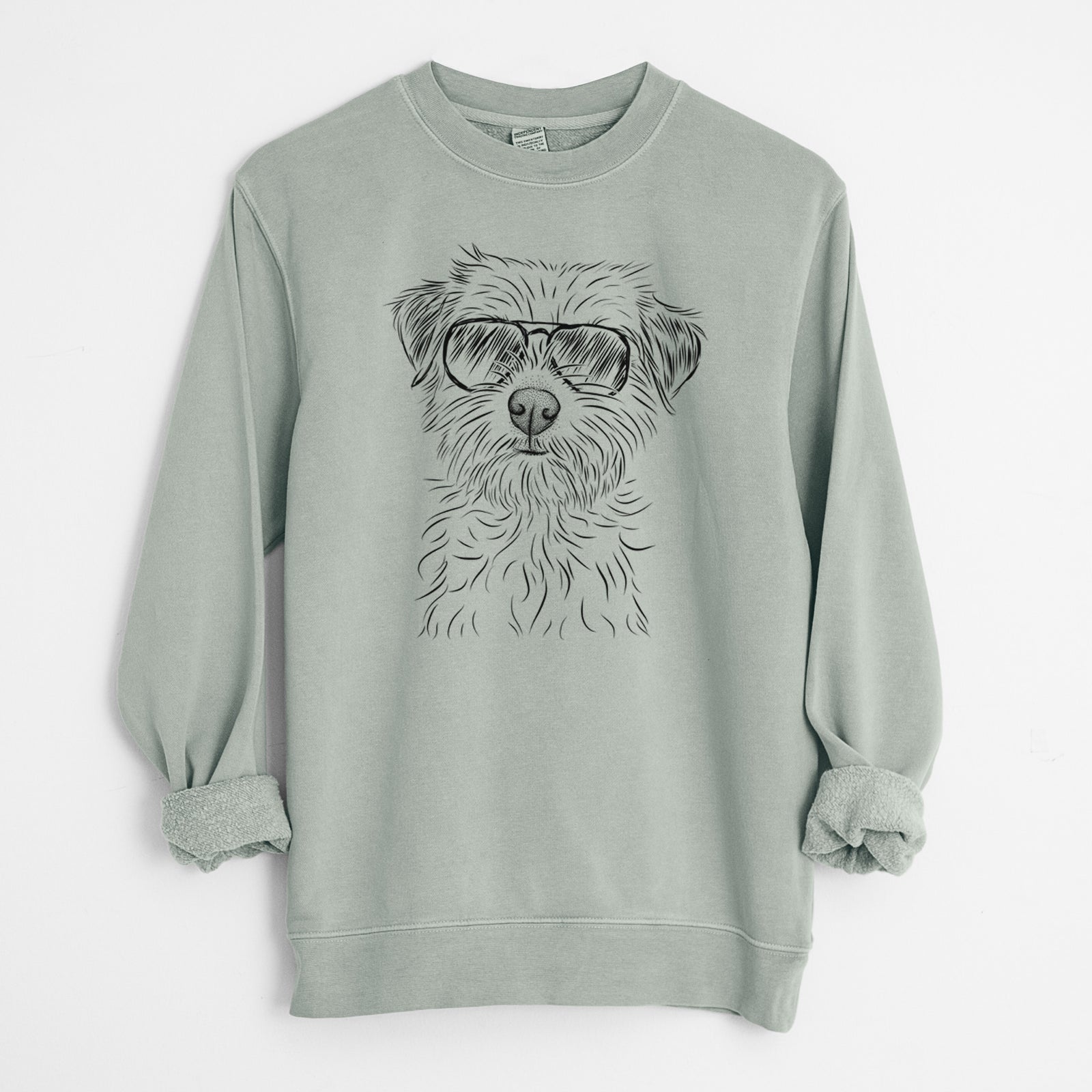 Hand-drawn sketch of Benjamin the Border Terrier wearing aviator sunglasses on a Sage Unisex pigment dyed crew sweatshirt