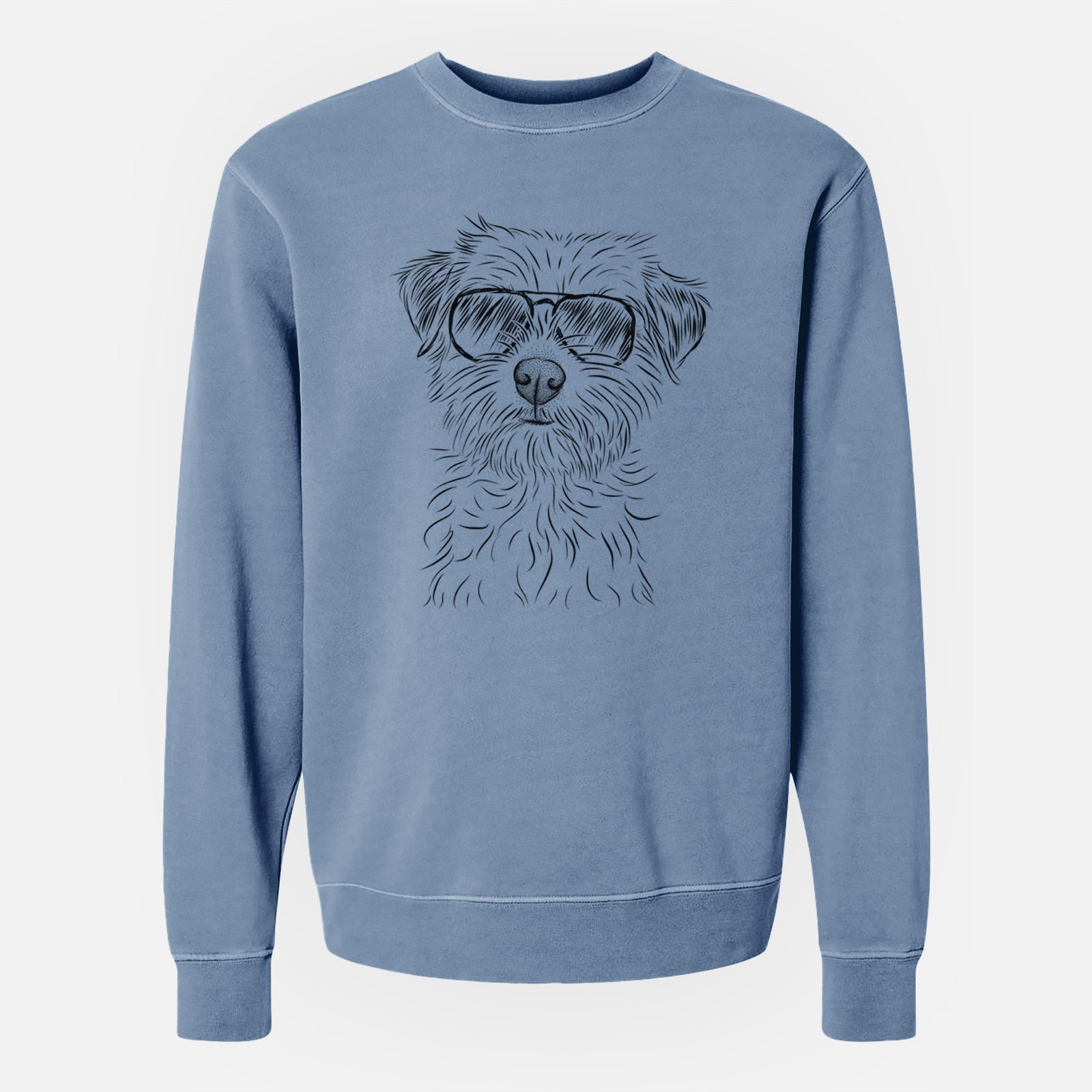 Hand-drawn sketch of Benjamin the Border Terrier wearing aviator sunglasses on a Slate Blue Unisex pigment dyed crew sweatshirt
