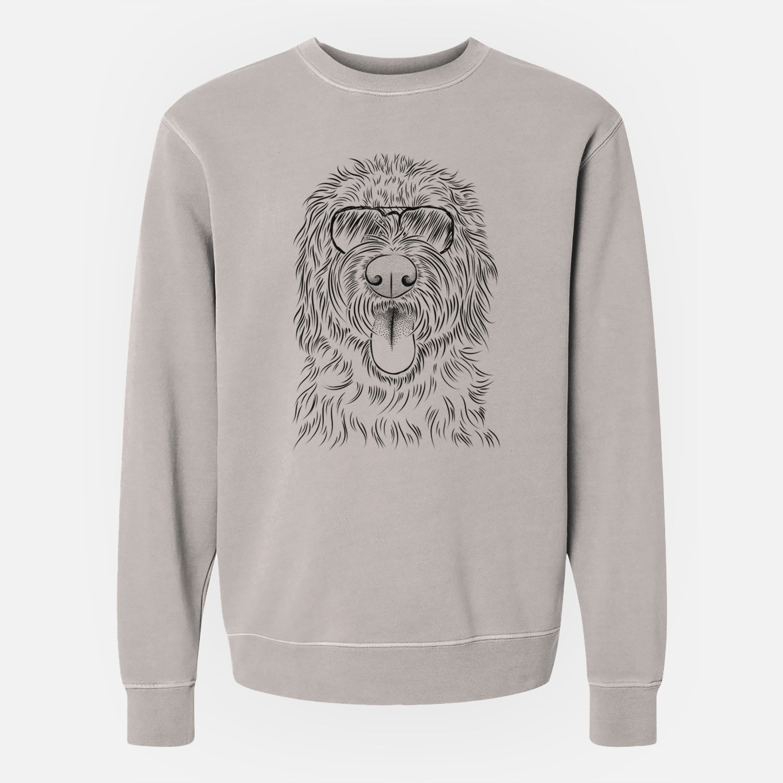 Hand-drawn sketch of Bennett the Doodle wearing aviator sunglasses on a Cement Unisex pigment dyed crew sweatshirt