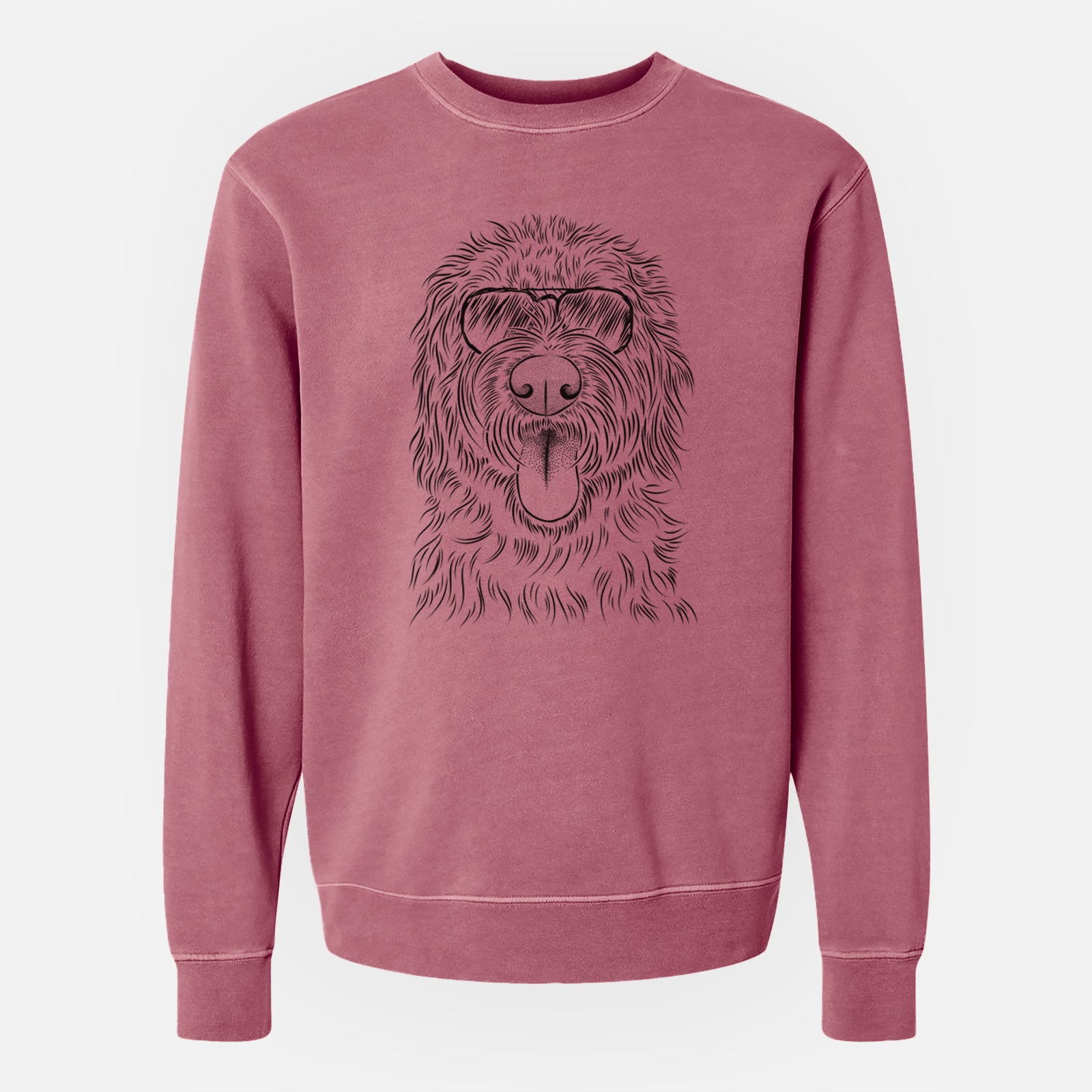 Hand-drawn sketch of Bennett the Doodle wearing aviator sunglasses on a Maroon Unisex pigment dyed crew sweatshirt