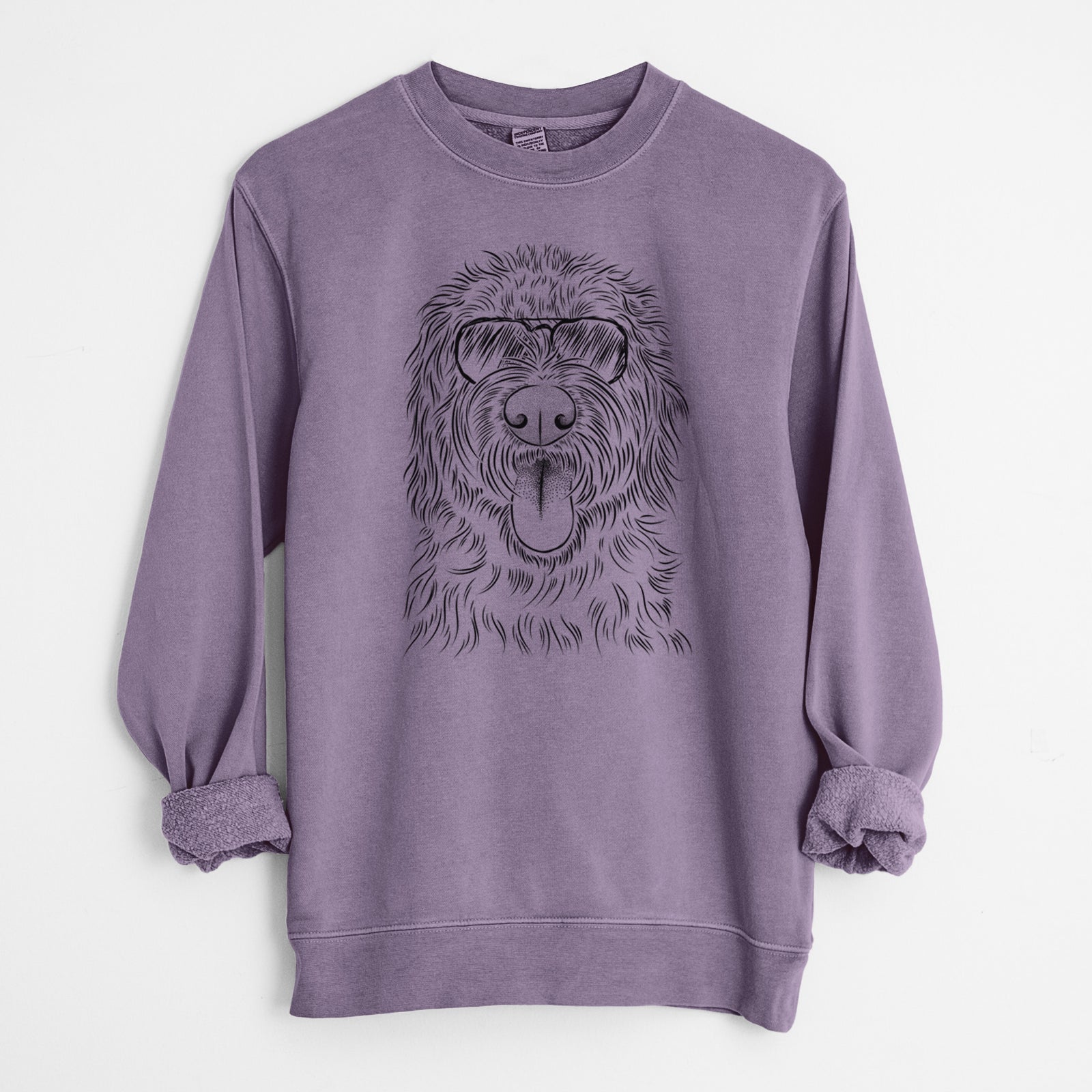 Hand-drawn sketch of Bennett the Doodle wearing aviator sunglasses on a Plum Unisex pigment dyed crew sweatshirt