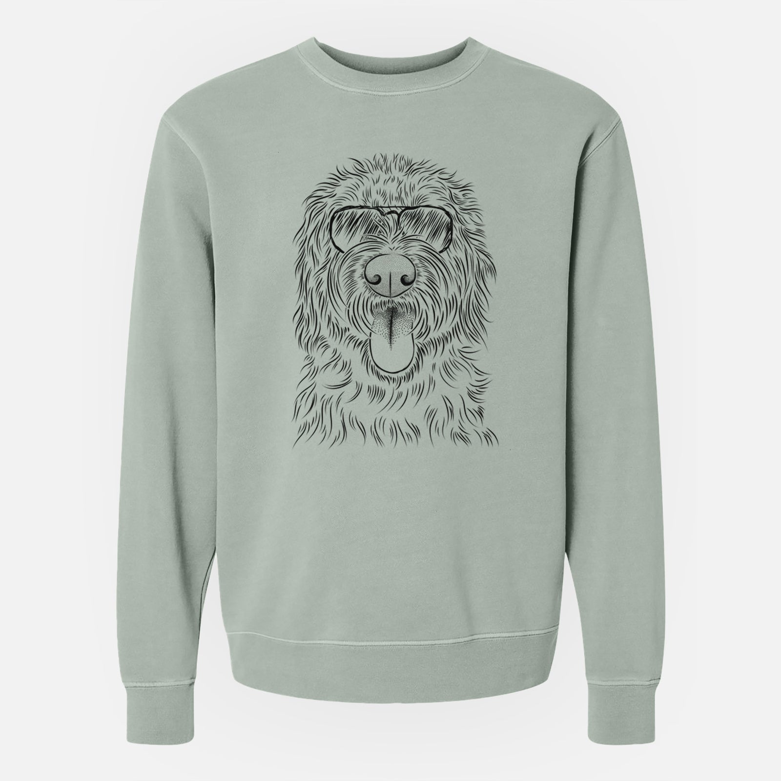 Hand-drawn sketch of Bennett the Doodle wearing aviator sunglasses on a Sage Unisex pigment dyed crew sweatshirt
