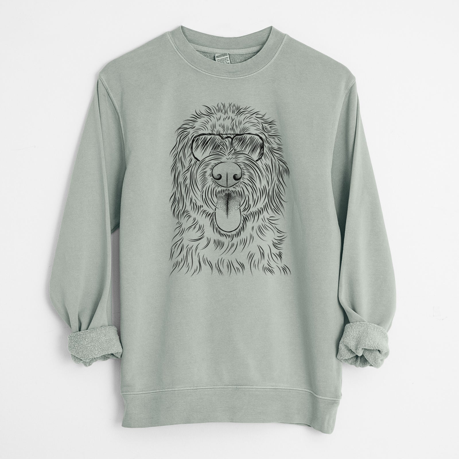 Hand-drawn sketch of Bennett the Doodle wearing aviator sunglasses on a Sage Unisex pigment dyed crew sweatshirt