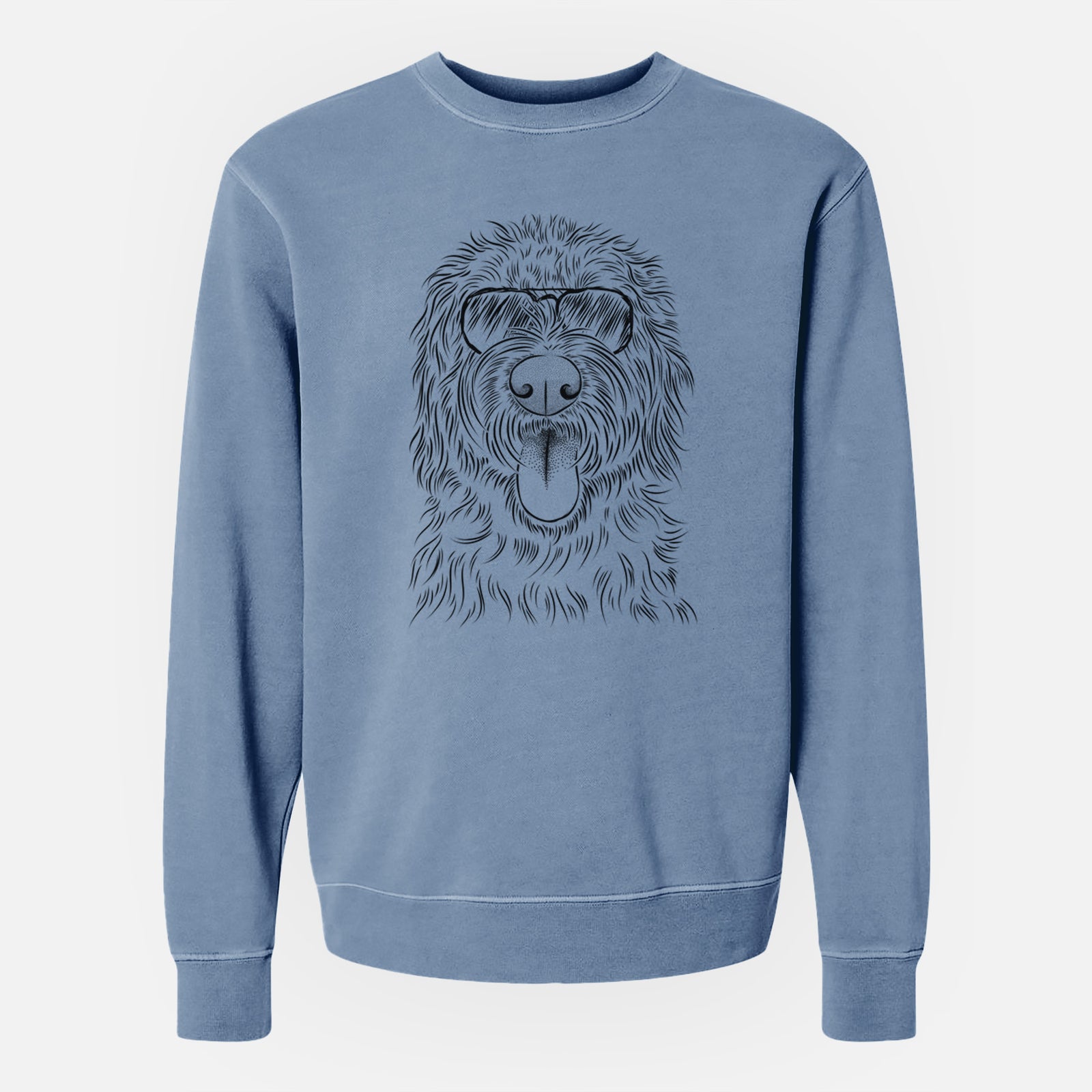 Hand-drawn sketch of Bennett the Doodle wearing aviator sunglasses on a Slate Blue Unisex pigment dyed crew sweatshirt