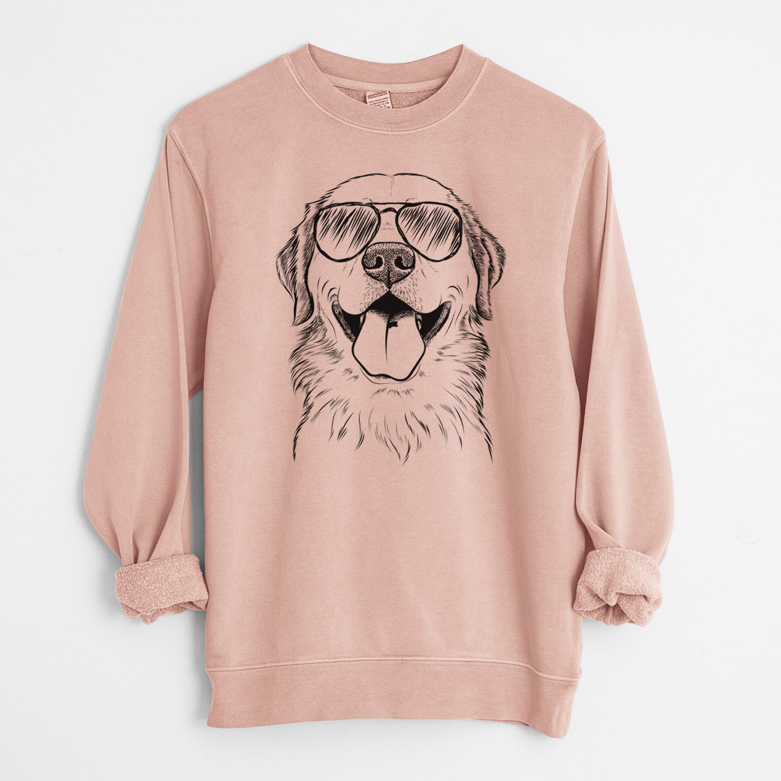 Hand-drawn sketch of Bennett the Golden Retriever wearing aviator sunglasses on a Dusty Pink Unisex pigment dyed crew sweatshirt