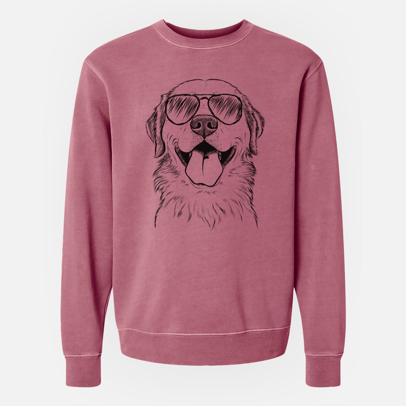 Hand-drawn sketch of Bennett the Golden Retriever wearing aviator sunglasses on a Maroon Unisex pigment dyed crew sweatshirt