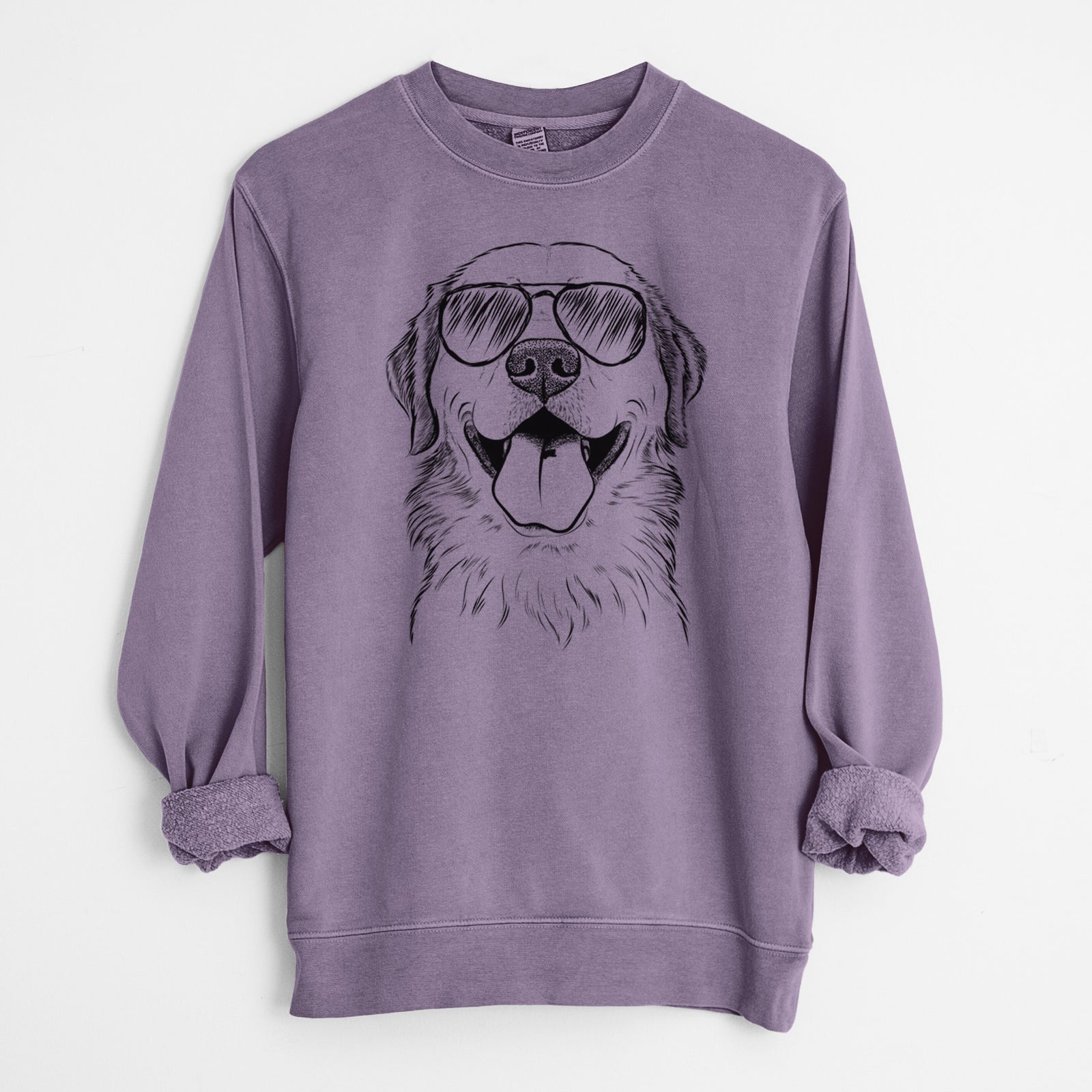 Hand-drawn sketch of Bennett the Golden Retriever wearing aviator sunglasses on a Plum Unisex pigment dyed crew sweatshirt