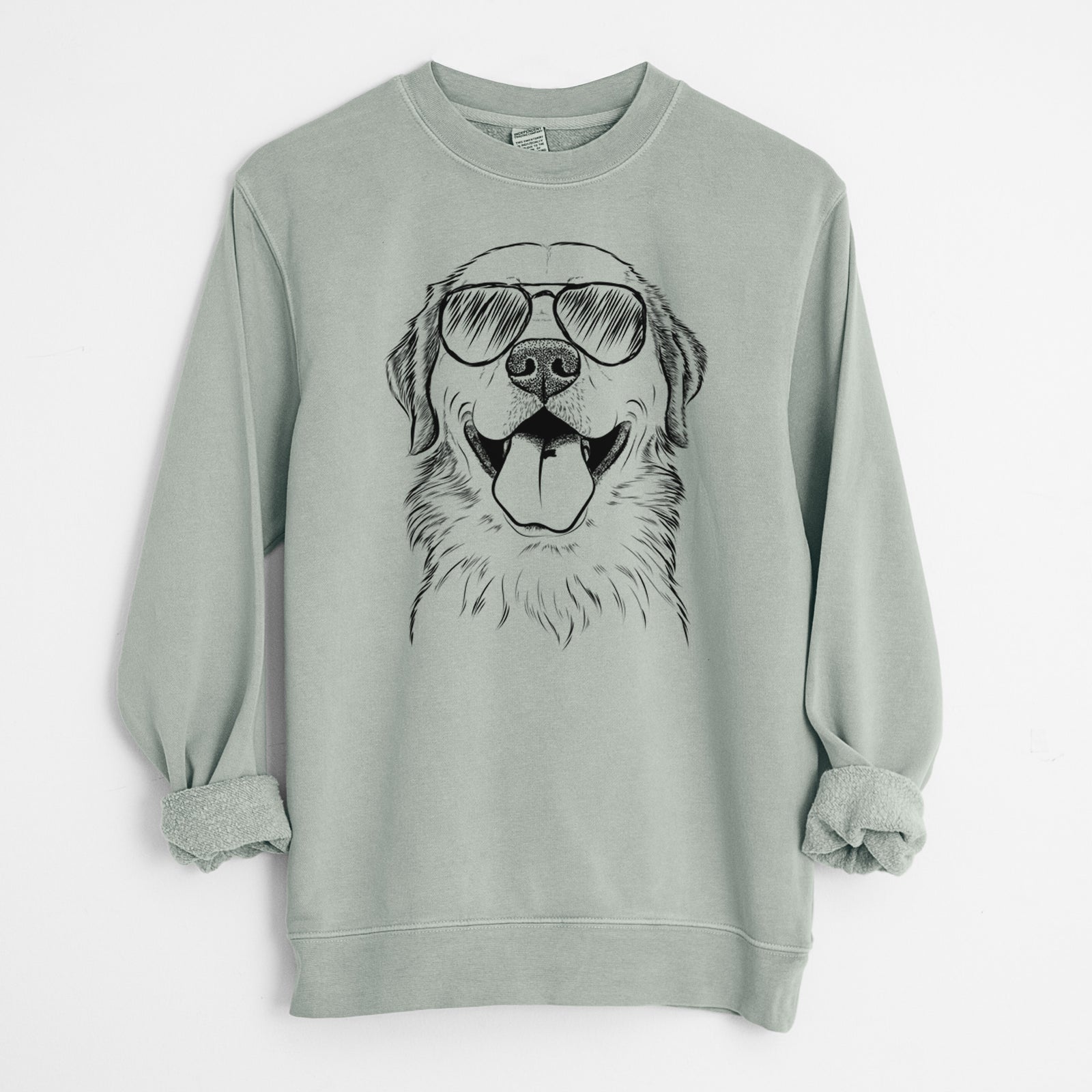 Hand-drawn sketch of Bennett the Golden Retriever wearing aviator sunglasses on a Sage Unisex pigment dyed crew sweatshirt