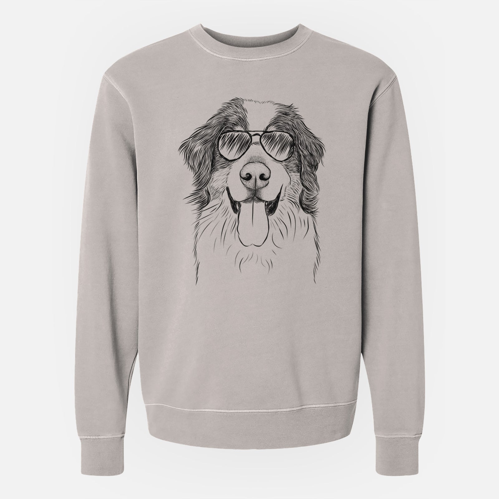 Hand-drawn sketch of Blaze the Bernese Mountain Dog wearing aviator sunglasses on a Cement Unisex pigment dyed crew sweatshirt