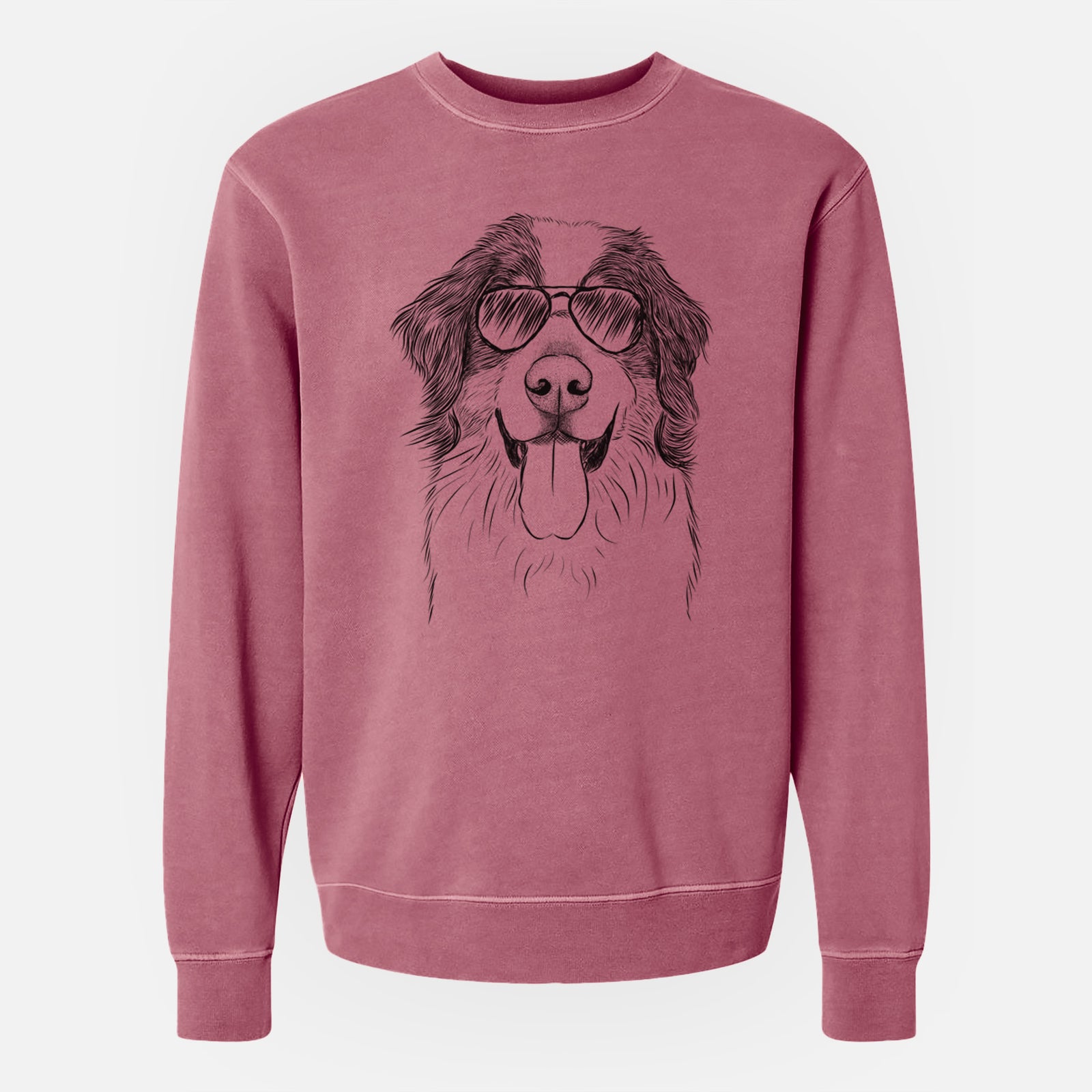 Hand-drawn sketch of Blaze the Bernese Mountain Dog wearing aviator sunglasses on a Maroon Unisex pigment dyed crew sweatshirt