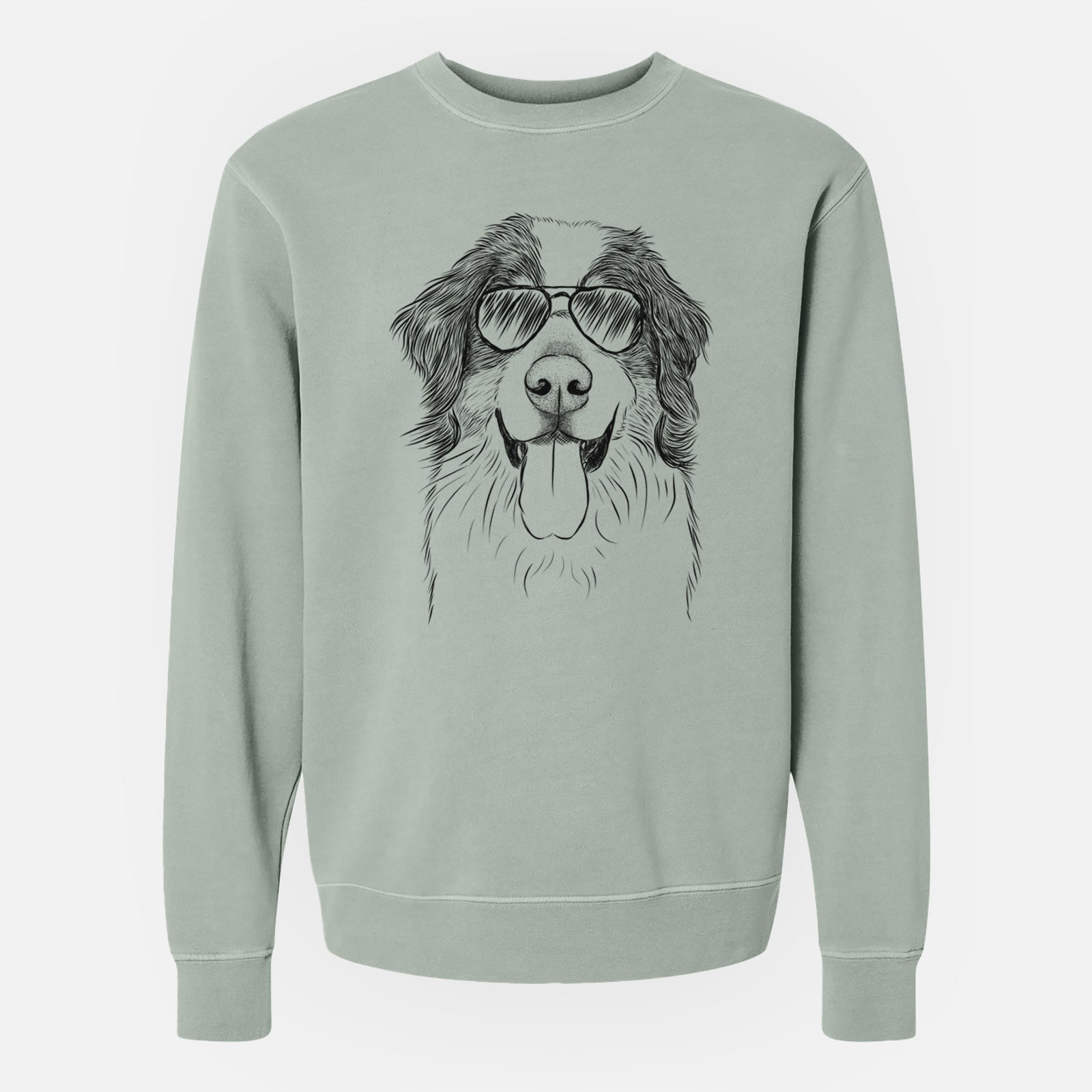 Hand-drawn sketch of Blaze the Bernese Mountain Dog wearing aviator sunglasses on a Sage Unisex pigment dyed crew sweatshirt