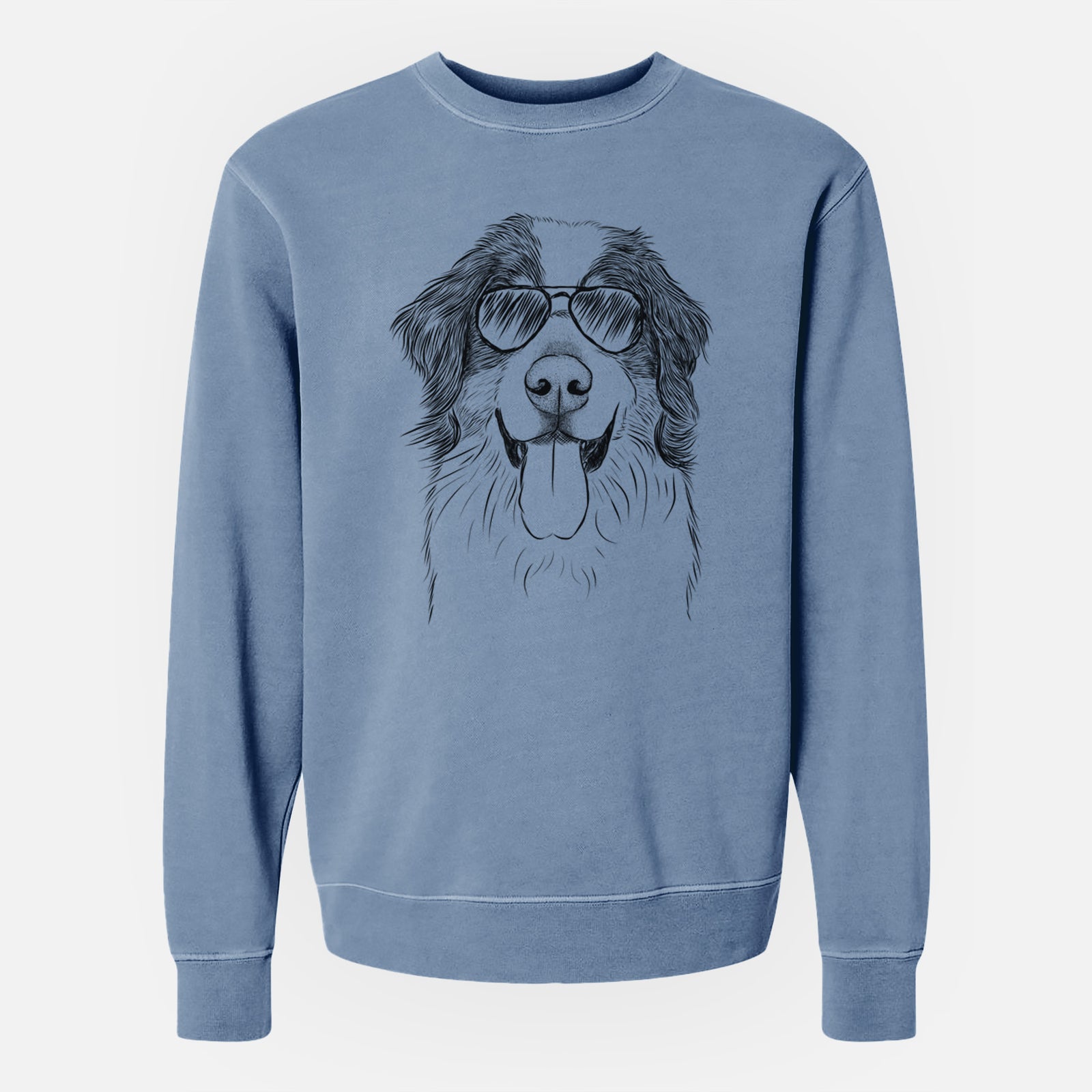 Hand-drawn sketch of Blaze the Bernese Mountain Dog wearing aviator sunglasses on a Slate Blue Unisex pigment dyed crew sweatshirt
