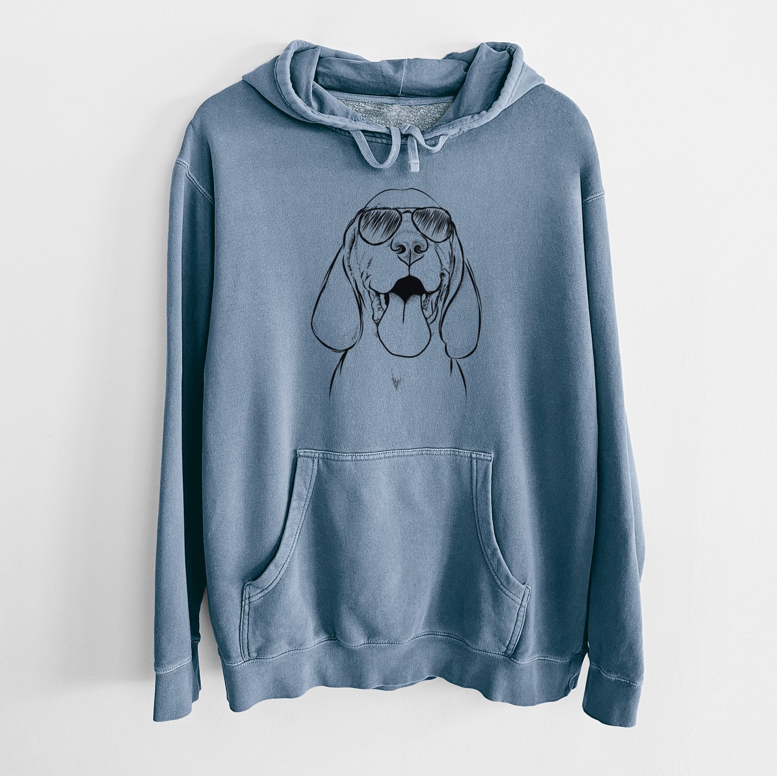 Hand-drawn sketch of Bodi the Vizsla wearing aviator sunglasses on a Slate Blue Unisex pigment dyed hoodie
